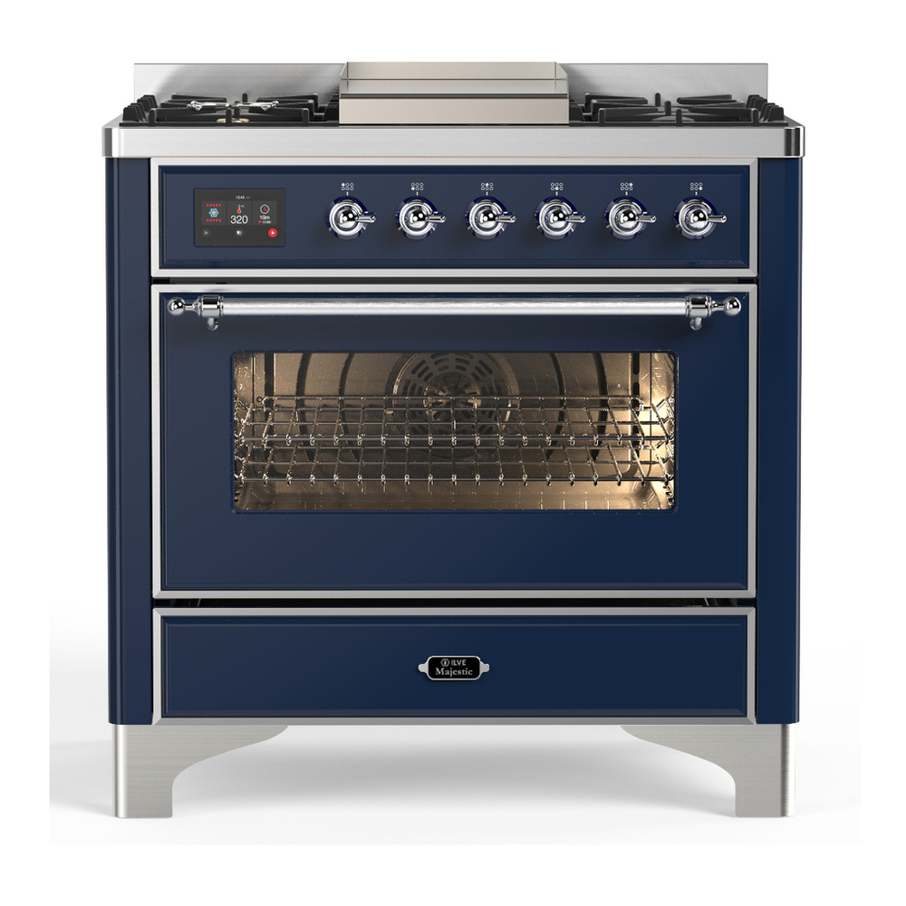 ILVE UM36FNR3MBCLP Majestic III 36 inch Dual Fuel Range with 6 Black Brass Burners and Griddle, Dual Function Burner up to 25,000 BTU (Triple Glass Door, Midnight Blue, Chrome, Liquid Propane) 1 UM36FNR3MBCLP
