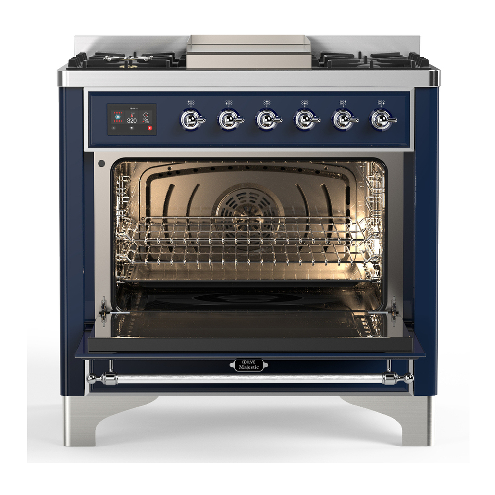 ILVE UM36FNR3MBC Majestic III 36 inch Dual Fuel Range with 6 Black Brass Burners and Griddle, Dual Function Burner up to 25,000 BTU (Triple Glass Door, Midnight Blue, Chrome, Natural Gas) 6 ILVE-UM36FNR3MBC-Open Door View
