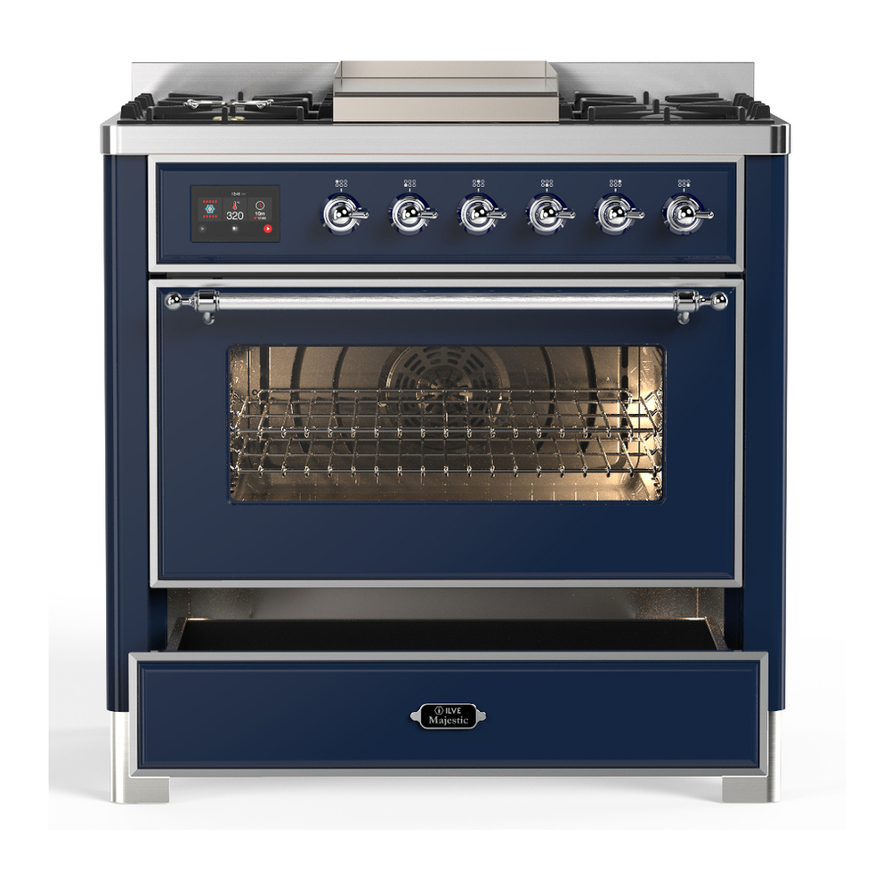 ILVE UM36FNR3MBC Majestic III 36 inch Dual Fuel Range with 6 Black Brass Burners and Griddle, Dual Function Burner up to 25,000 BTU (Triple Glass Door, Midnight Blue, Chrome, Natural Gas) 7 ILVE-UM36FNR3MBC-Drawer Open View