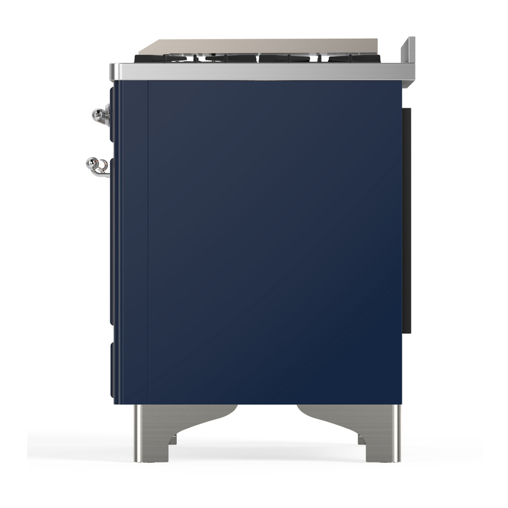 ILVE UM36FNR3MBC Majestic III 36 inch Dual Fuel Range with 6 Black Brass Burners and Griddle, Dual Function Burner up to 25,000 BTU (Triple Glass Door, Midnight Blue, Chrome, Natural Gas) 11 ILVE-UM36FNR3MBC-Left Side View