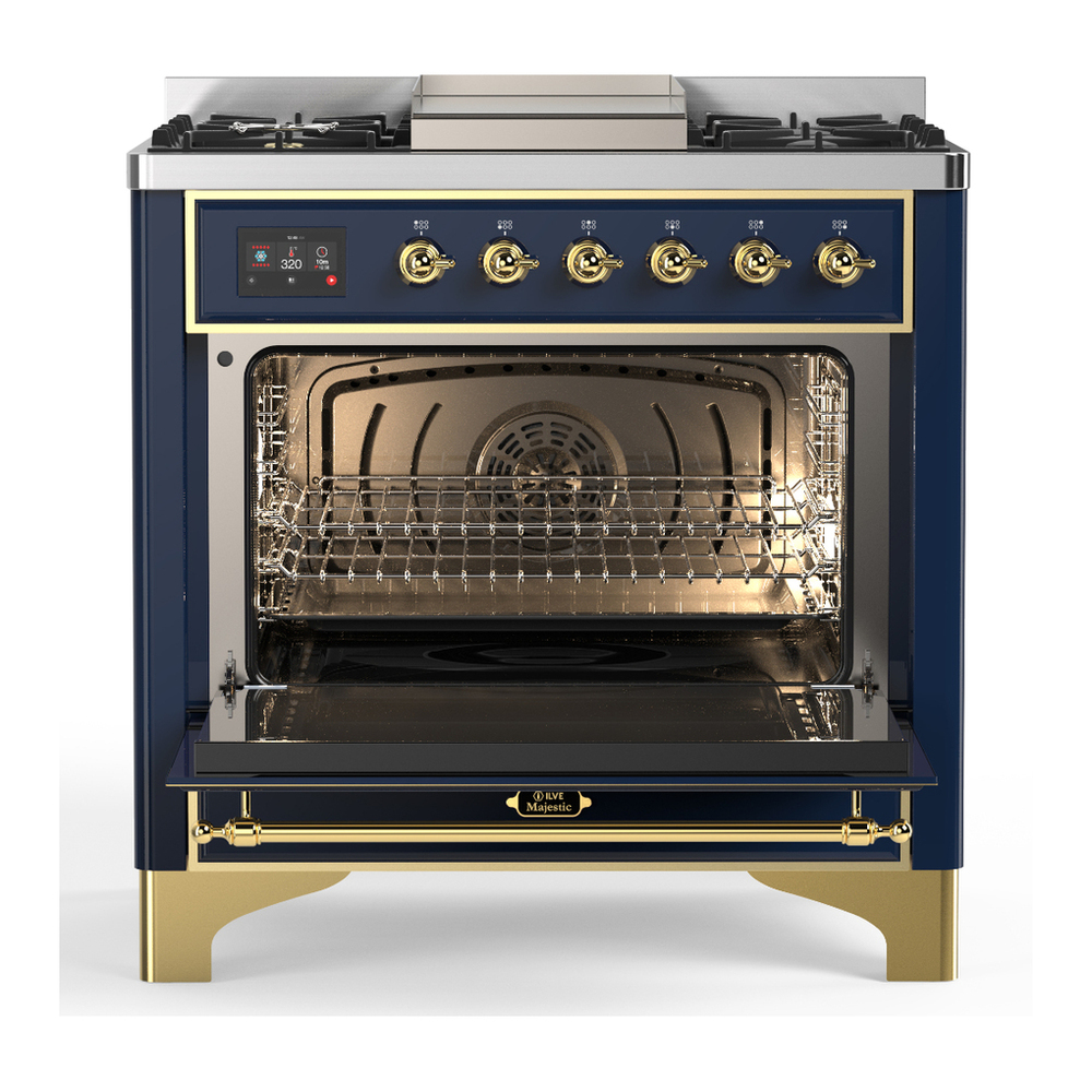 ILVE UM36FNR3MBGLP Majestic III 36 inch Dual Fuel Range with 6 Black Brass Burners and Griddle, Dual Function Burner up to 25,000 BTU (Triple Glass Door, Midnight Blue, Brass, Liquid Propane) 6 ILVE-UM36FNR3MBGLP-Open Door View