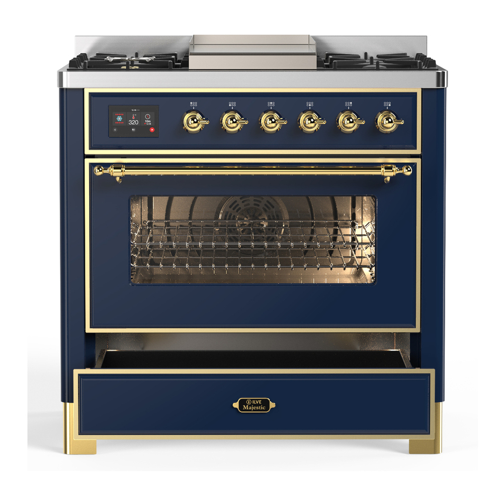 ILVE UM36FNR3MBGLP Majestic III 36 inch Dual Fuel Range with 6 Black Brass Burners and Griddle, Dual Function Burner up to 25,000 BTU (Triple Glass Door, Midnight Blue, Brass, Liquid Propane) 7 ILVE-UM36FNR3MBGLP-Drawer Open View