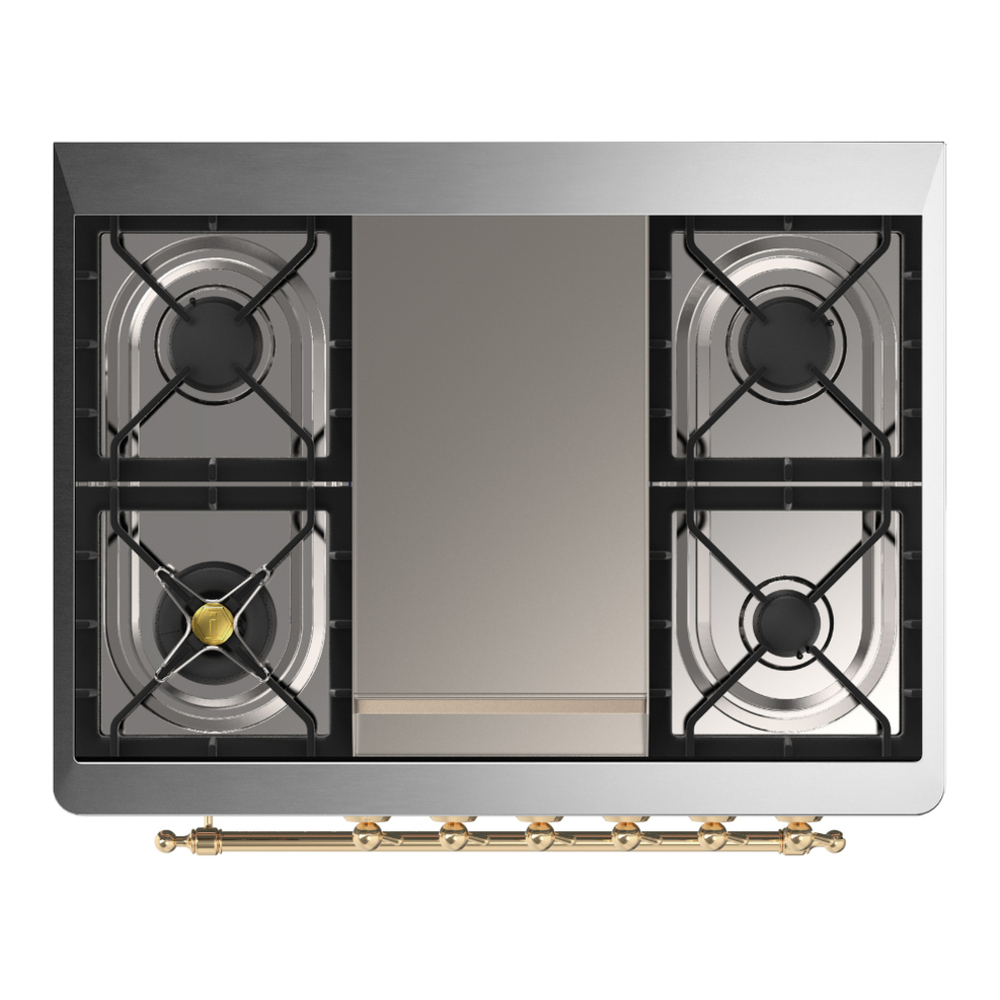 ILVE UM36FNR3MBGLP Majestic III 36 inch Dual Fuel Range with 6 Black Brass Burners and Griddle, Dual Function Burner up to 25,000 BTU (Triple Glass Door, Midnight Blue, Brass, Liquid Propane) 8 ILVE-UM36FNR3MBGLP-Top View