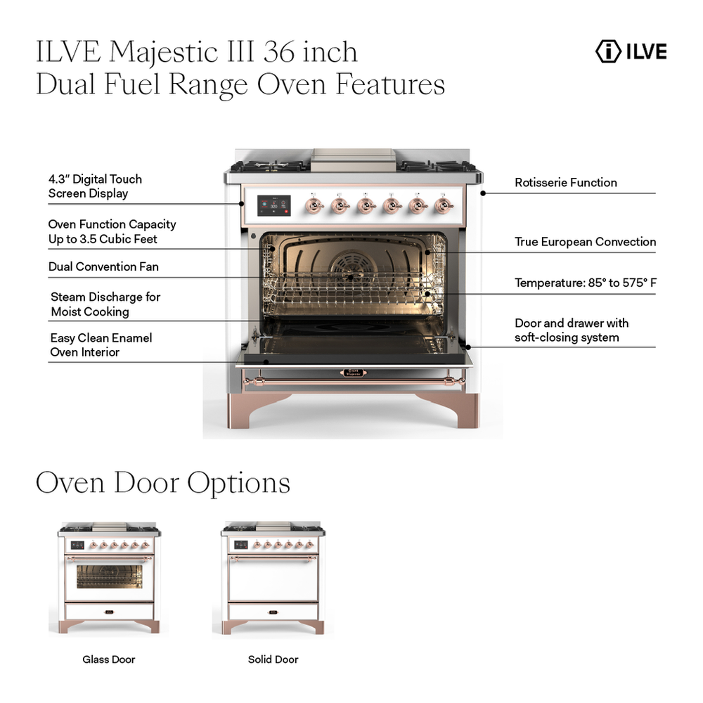 ILVE UM36FNR3MBGLP Majestic III 36 inch Dual Fuel Range with 6 Black Brass Burners and Griddle, Dual Function Burner up to 25,000 BTU (Triple Glass Door, Midnight Blue, Brass, Liquid Propane) 3 ILVE UM36F Majestic III 36 inch Dual Fuel Range with 6 Black Brass Burners and Griddle, Dual Function Burner up to 25,000 BTU
