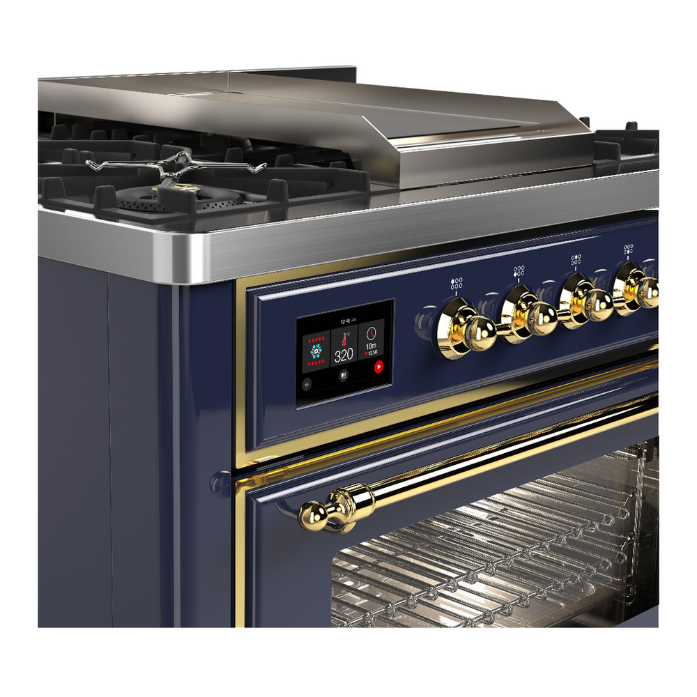 ILVE UM36FNR3MBG Majestic III 36 inch Dual Fuel Range with 6 Black Brass Burners and Griddle, Dual Function Burner up to 25,000 BTU (Triple Glass Door, Midnight Blue, Brass, Natural Gas) 5 ILVE-UM36FNR3MBG-Control Knobs View