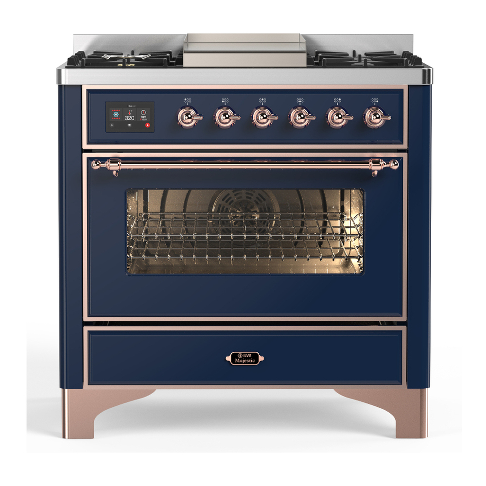 ILVE UM36FNR3MBPLP Majestic III 36 inch Dual Fuel Range with 6 Black Brass Burners and Griddle, Dual Function Burner up to 25,000 BTU (Triple Glass Door, Midnight Blue, Copper, Liquid Propane) 1 UM36FNR3MBPLP