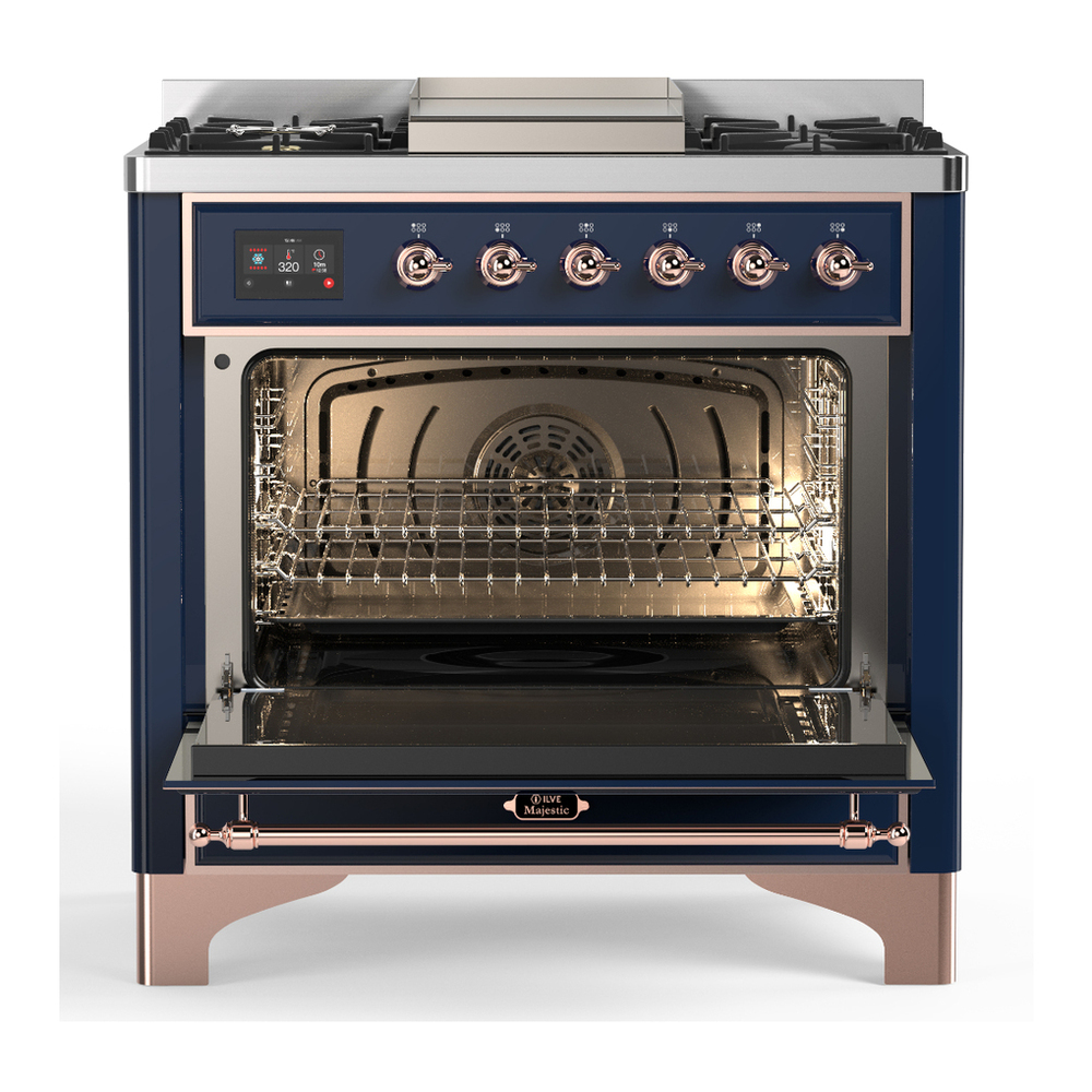 ILVE UM36FNR3MBPLP Majestic III 36 inch Dual Fuel Range with 6 Black Brass Burners and Griddle, Dual Function Burner up to 25,000 BTU (Triple Glass Door, Midnight Blue, Copper, Liquid Propane) 2 ILVE-UM36FNR3MBPLP-Open Door View