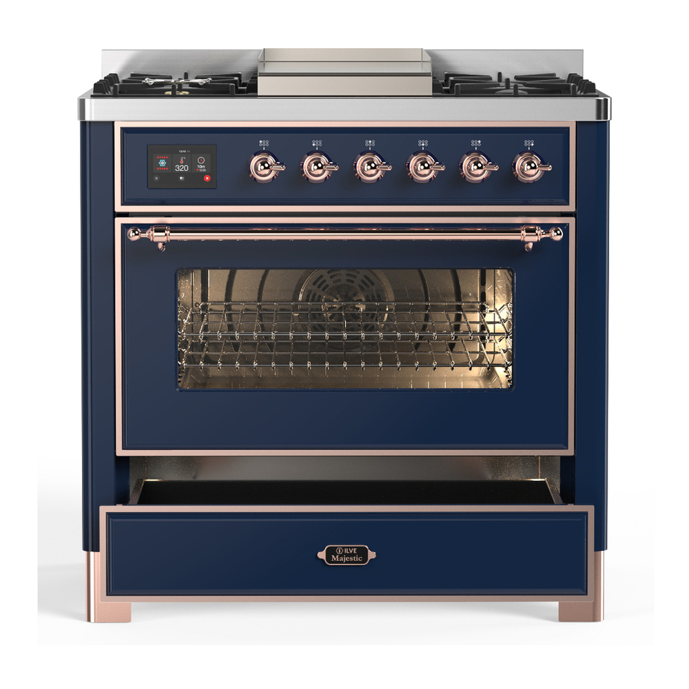 ILVE UM36FNR3MBP Majestic III 36 inch Dual Fuel Range with 6 Black Brass Burners and Griddle, Dual Function Burner up to 25,000 BTU (Triple Glass Door, Midnight Blue, Copper, Natural Gas) 7 ILVE-UM36FNR3MBP-Drawer Open View