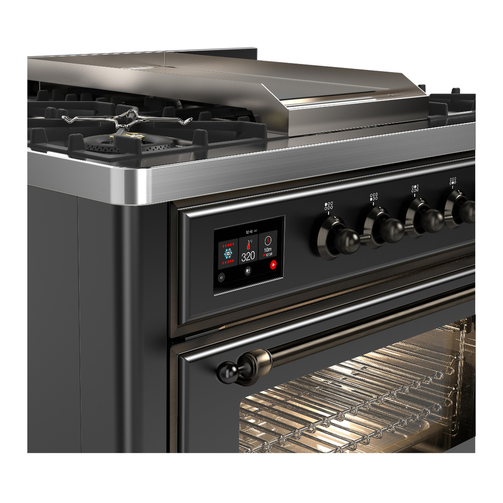ILVE UM36FNR3MGBLP Majestic III 36 inch Dual Fuel Range with 6 Black Brass Burners and Griddle, Dual Function Burner up to 25,000 BTU (Triple Glass Door, Graphite Matte, Burnished, Liquid Propane) 9 ILVE-UM36FNR3MGBLP-Control Knobs View