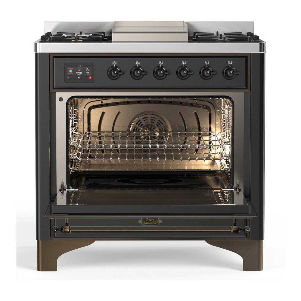 ILVE UM36FNR3MGBLP Majestic III 36 inch Dual Fuel Range with 6 Black Brass Burners and Griddle, Dual Function Burner up to 25,000 BTU (Triple Glass Door, Graphite Matte, Burnished, Liquid Propane) 6 ILVE-UM36FNR3MGBLP-Open Door View