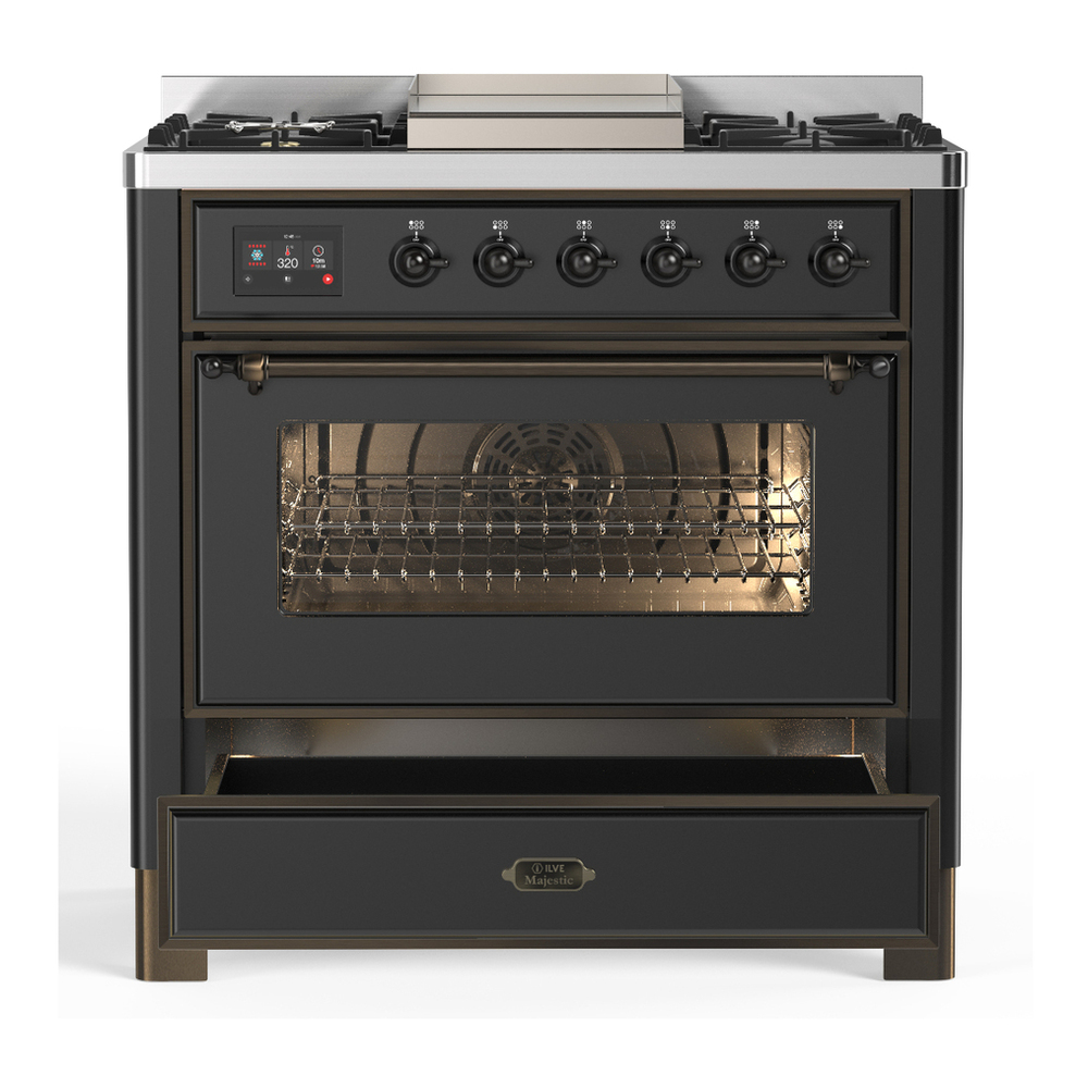 ILVE UM36FNR3MGB Majestic III 36 inch Dual Fuel Range with 6 Black Brass Burners and Griddle, Dual Function Burner up to 25,000 BTU (Triple Glass Door, Graphite Matte, Burnished, Natural Gas) 7 ILVE-UM36FNR3MGB-Drawer Open View