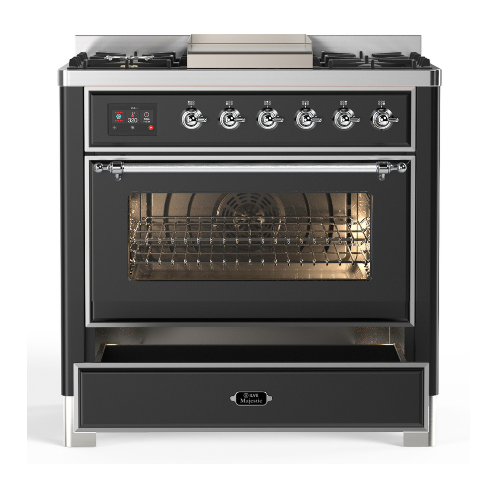 ILVE UM36FNR3MGCLP Majestic III 36 inch Dual Fuel Range with 6 Black Brass Burners and Griddle, Dual Function Burner up to 25,000 BTU (Triple Glass Door, Graphite Matte, Chrome, Liquid Propane) 7 ILVE-UM36FNR3MGCLP-Drawer Open View