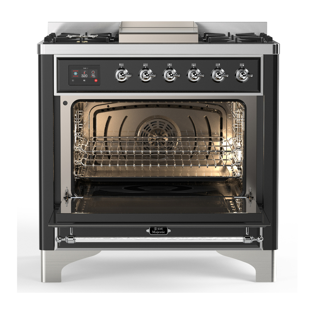 ILVE UM36FNR3MGC Majestic III 36 inch Dual Fuel Range with 6 Black Brass Burners and Griddle, Dual Function Burner up to 25,000 BTU (Triple Glass Door, Graphite Matte, Chrome, Natural Gas) 6 ILVE-UM36FNR3MGC-Open Door View