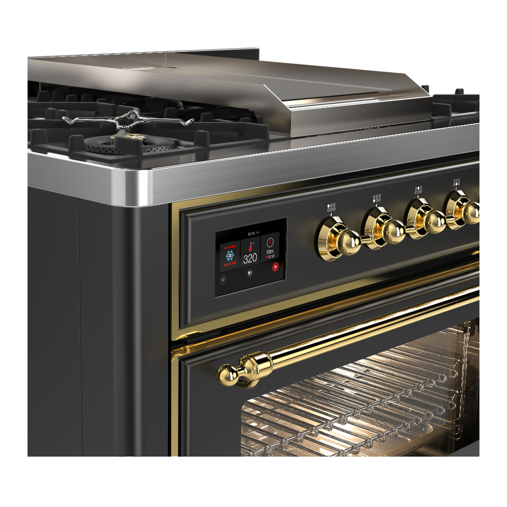 ILVE UM36FNR3MGG Majestic III 36 inch Dual Fuel Range with 6 Black Brass Burners and Griddle, Dual Function Burner up to 25,000 BTU (Triple Glass Door, Graphite Matte, Brass, Natural Gas) 9 ILVE-UM36FNR3MGG-Control Knobs View