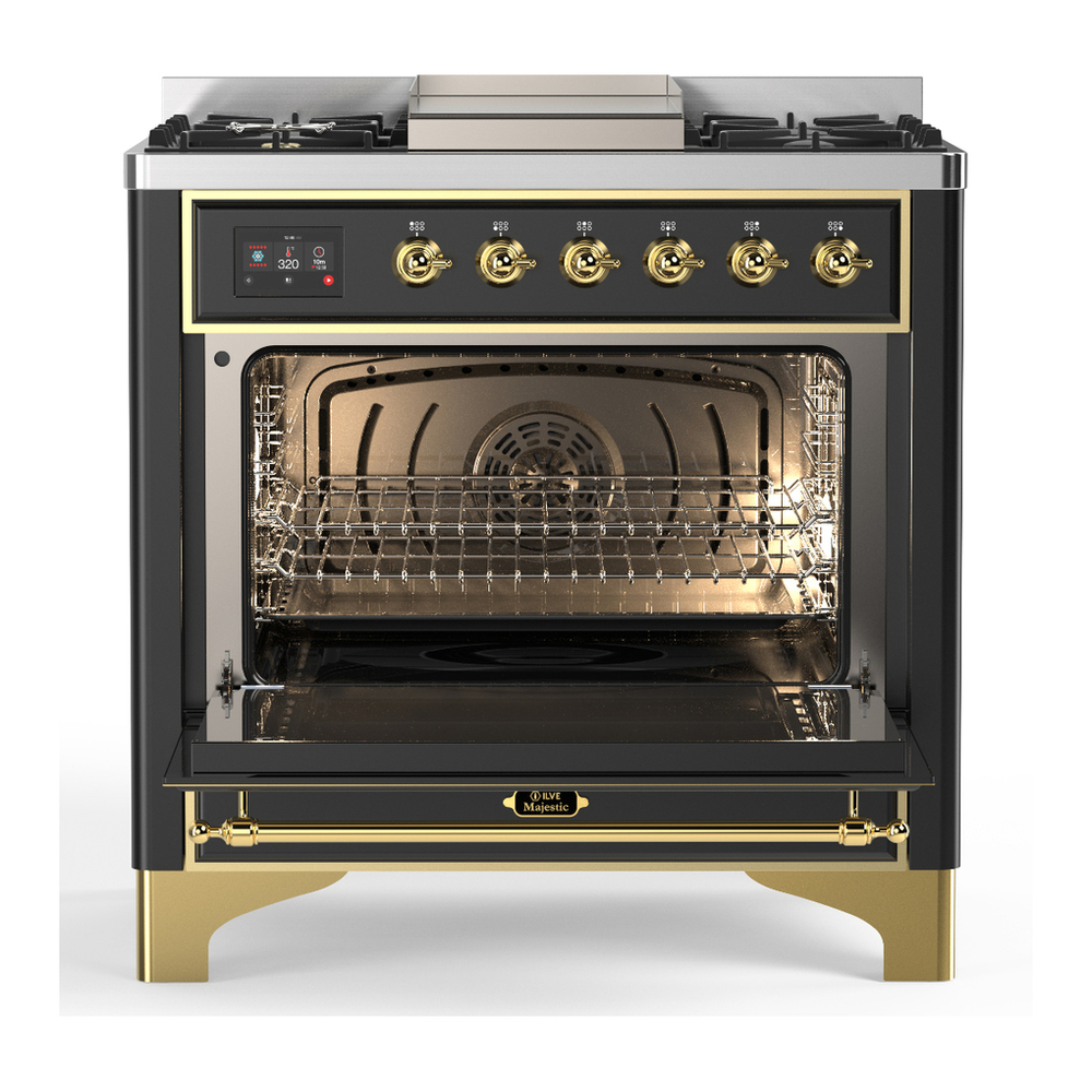 ILVE UM36FNR3MGG Majestic III 36 inch Dual Fuel Range with 6 Black Brass Burners and Griddle, Dual Function Burner up to 25,000 BTU (Triple Glass Door, Graphite Matte, Brass, Natural Gas) 6 ILVE-UM36FNR3MGG-Open Door View