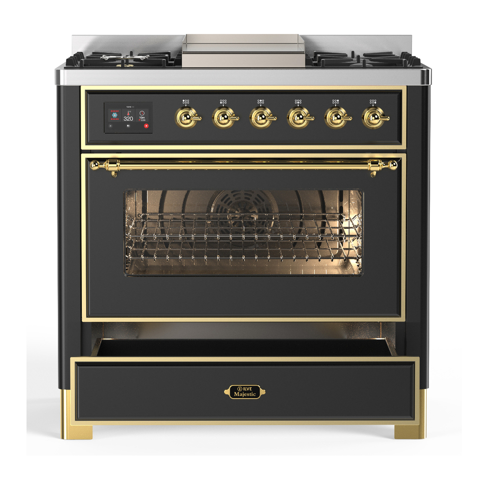 ILVE UM36FNR3MGG Majestic III 36 inch Dual Fuel Range with 6 Black Brass Burners and Griddle, Dual Function Burner up to 25,000 BTU (Triple Glass Door, Graphite Matte, Brass, Natural Gas) 7 ILVE-UM36FNR3MGG-Drawer Open View
