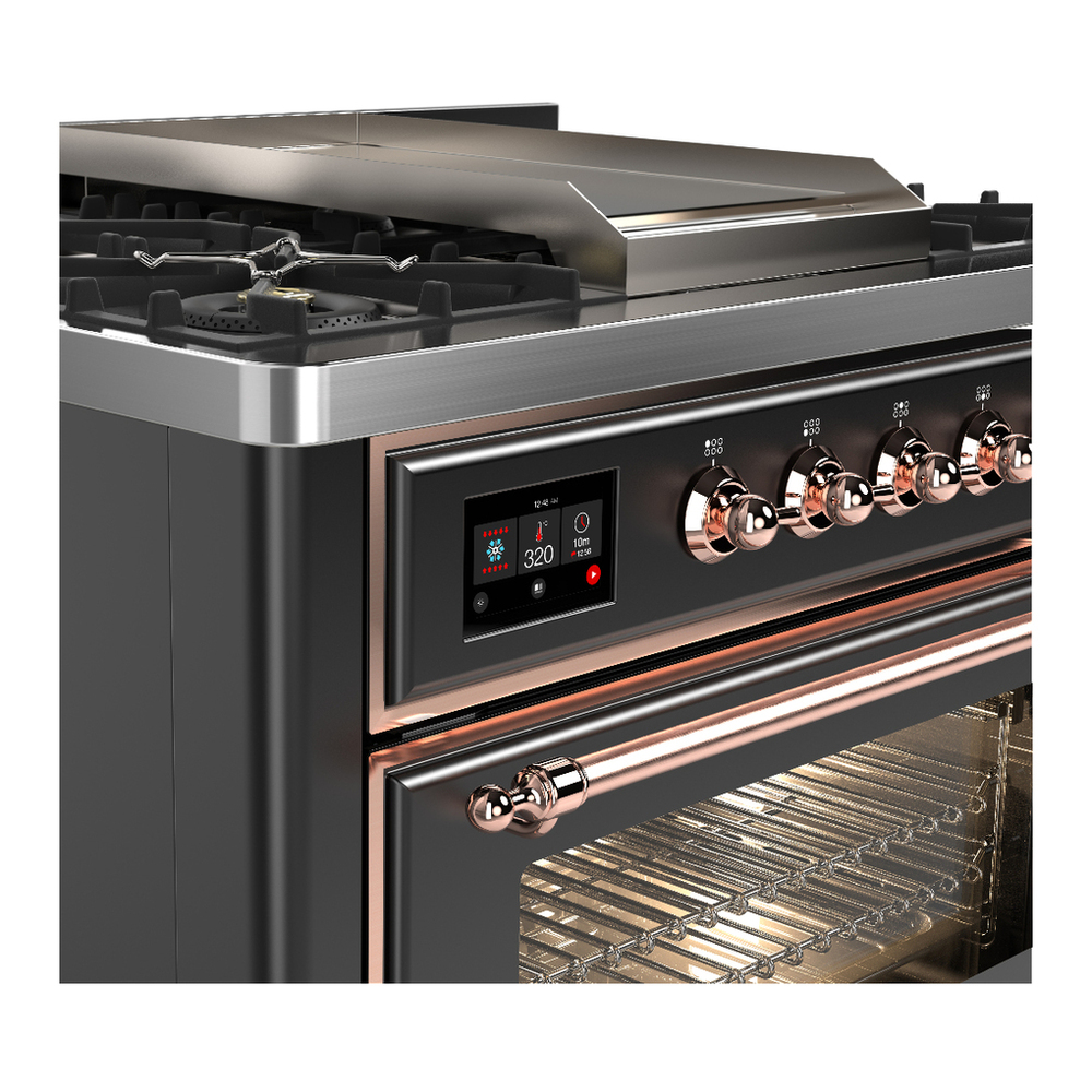 ILVE UM36FNR3MGPLP Majestic III 36 inch Dual Fuel Range with 6 Black Brass Burners and Griddle, Dual Function Burner up to 25,000 BTU (Triple Glass Door, Graphite Matte, Copper, Liquid Propane) 5 ILVE-UM36FNR3MGPLP-Control Knobs View
