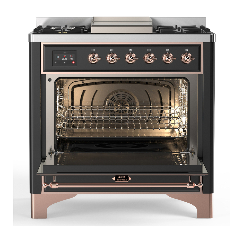 ILVE UM36FNR3MGPLP Majestic III 36 inch Dual Fuel Range with 6 Black Brass Burners and Griddle, Dual Function Burner up to 25,000 BTU (Triple Glass Door, Graphite Matte, Copper, Liquid Propane) 2 ILVE-UM36FNR3MGPLP-Open Door View