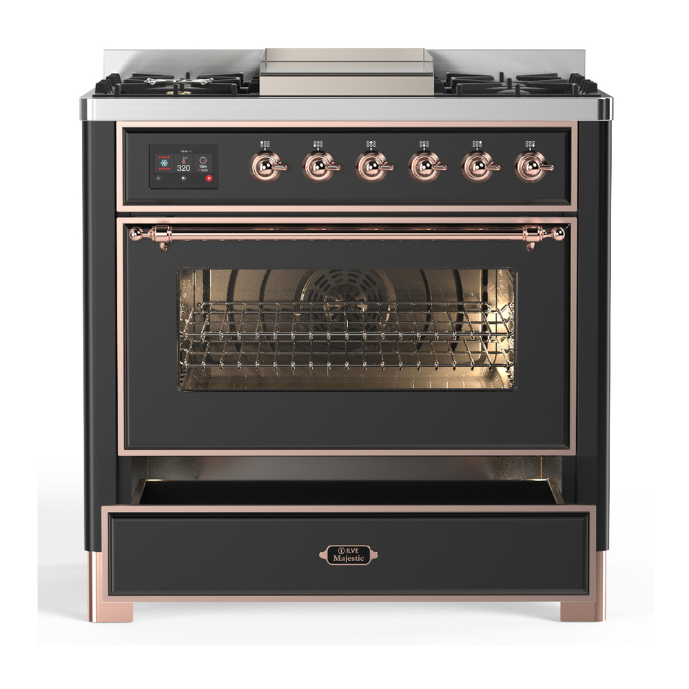 ILVE UM36FNR3MGPLP Majestic III 36 inch Dual Fuel Range with 6 Black Brass Burners and Griddle, Dual Function Burner up to 25,000 BTU (Triple Glass Door, Graphite Matte, Copper, Liquid Propane) 3 ILVE-UM36FNR3MGPLP-Drawer Open View