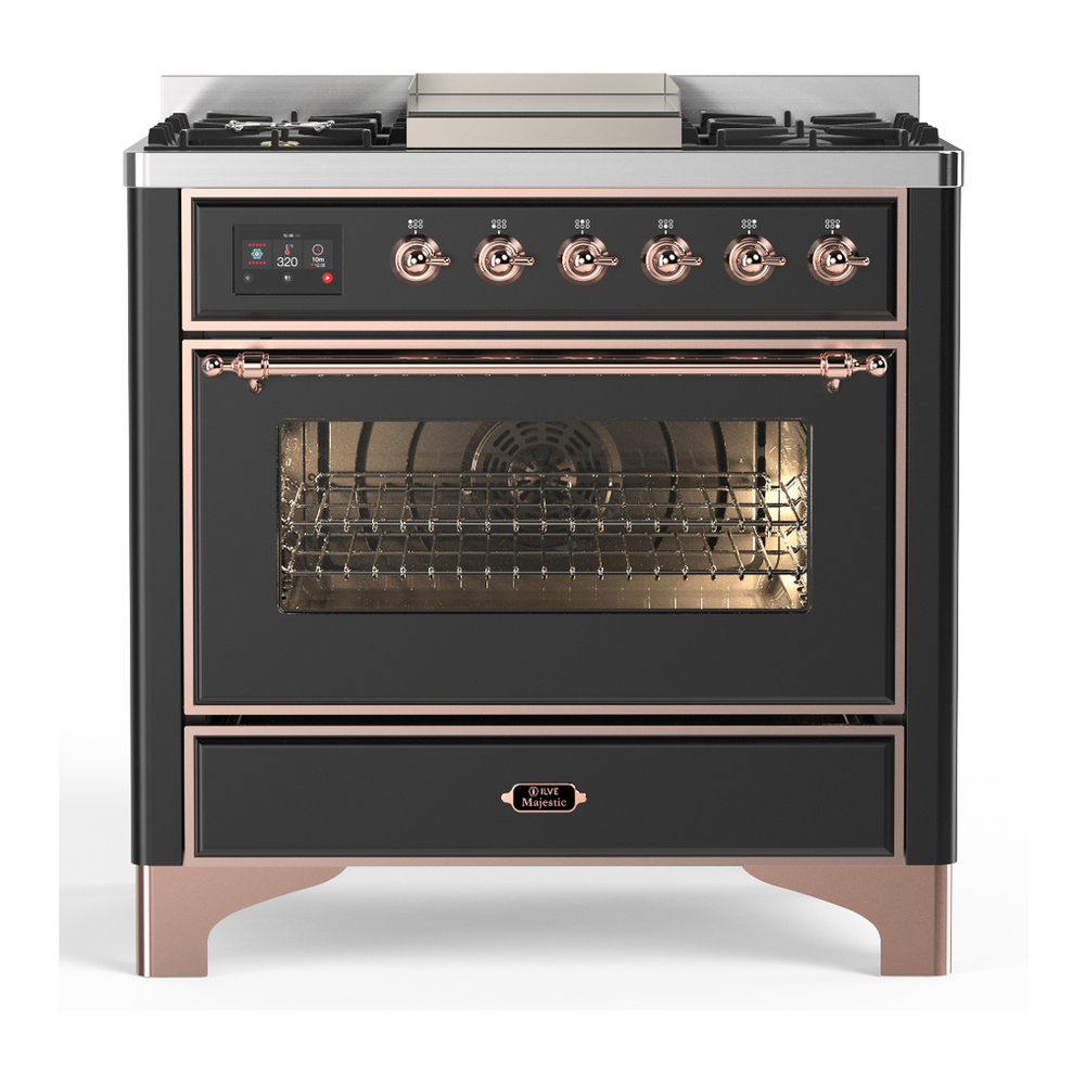 ILVE UM36FNR3MGP Majestic III 36 inch Dual Fuel Range with 6 Black Brass Burners and Griddle, Dual Function Burner up to 25,000 BTU (Triple Glass Door, Graphite Matte, Copper, Natural Gas) 1 UM36FNR3MGP