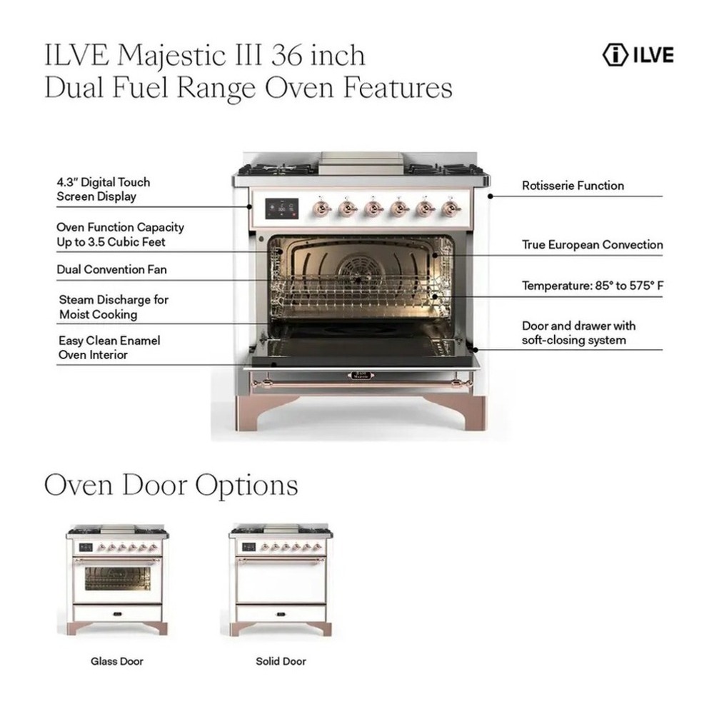 ILVE UM36FNR3MMBLP Majestic III 36 inch Dual Fuel Range with 6 Black Brass Burners and Griddle, Dual Function Burner up to 25,000 BTU (Triple Glass Door, Mediterranean Mint, Burnished, Liquid Propane) 3 ILVE UM36F Majestic III 36 inch Dual Fuel Range with 6 Black Brass Burners and Griddle, Dual Function Burner up to 25,000 BTU