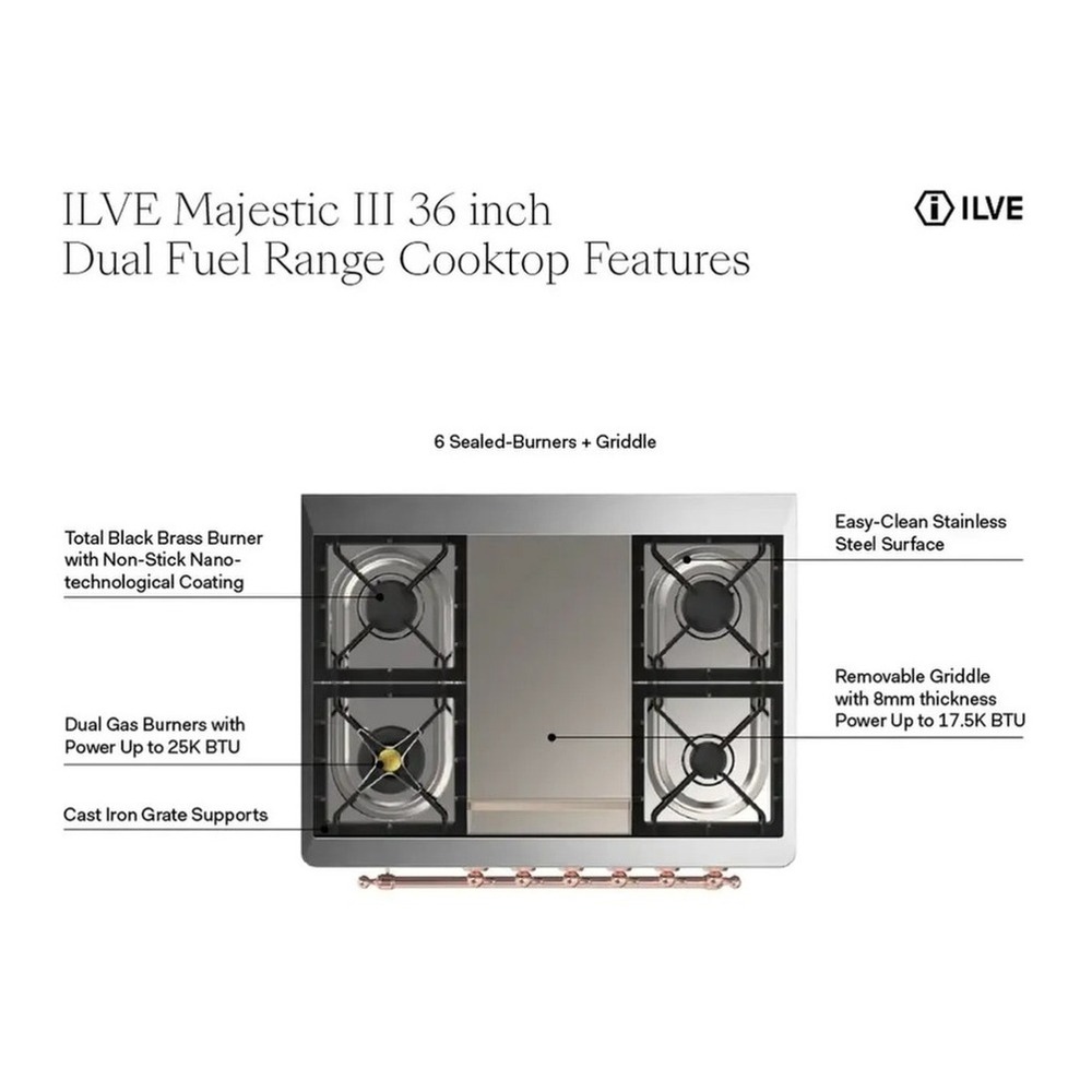ILVE UM36FNR3MMB Majestic III 36 inch Dual Fuel Range with 6 Black Brass Burners and Griddle, Dual Function Burner up to 25,000 BTU (Triple Glass Door, Mediterranean Mint, Burnished, Natural Gas) 4 ILVE UM36F Majestic III 36 inch Dual Fuel Range with 6 Black Brass Burners and Griddle, Dual Function Burner up to 25,000 BTU