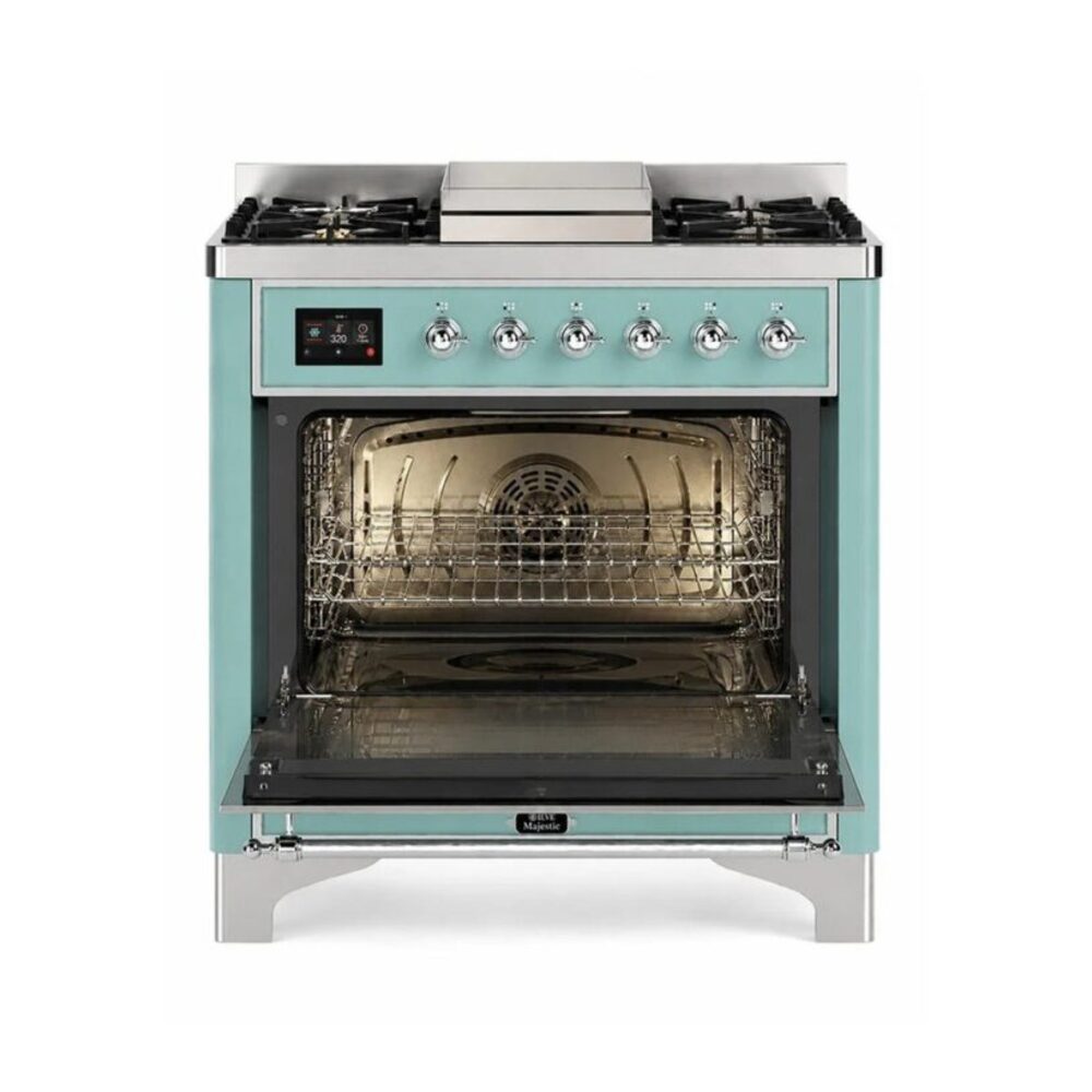 ILVE UM36F Majestic III 36 inch Dual Fuel Range with 6 Black Brass Burners and Griddle, Dual Function Burner up to 25,000 BTU
