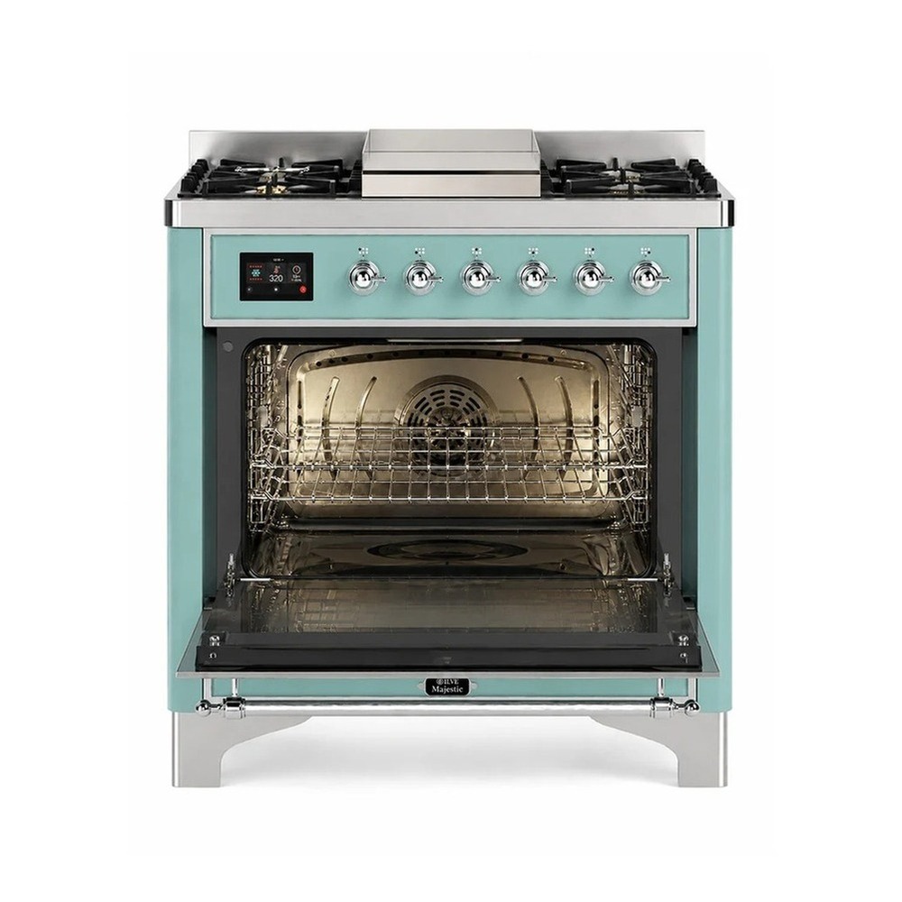 ILVE UM36FNR3MMCLP Majestic III 36 inch Dual Fuel Range with 6 Black Brass Burners and Griddle, Dual Function Burner up to 25,000 BTU (Triple Glass Door, Mediterranean Mint, Chrome, Liquid Propane) 6 ILVE UM36F Majestic III 36 inch Dual Fuel Range with 6 Black Brass Burners and Griddle, Dual Function Burner up to 25,000 BTU