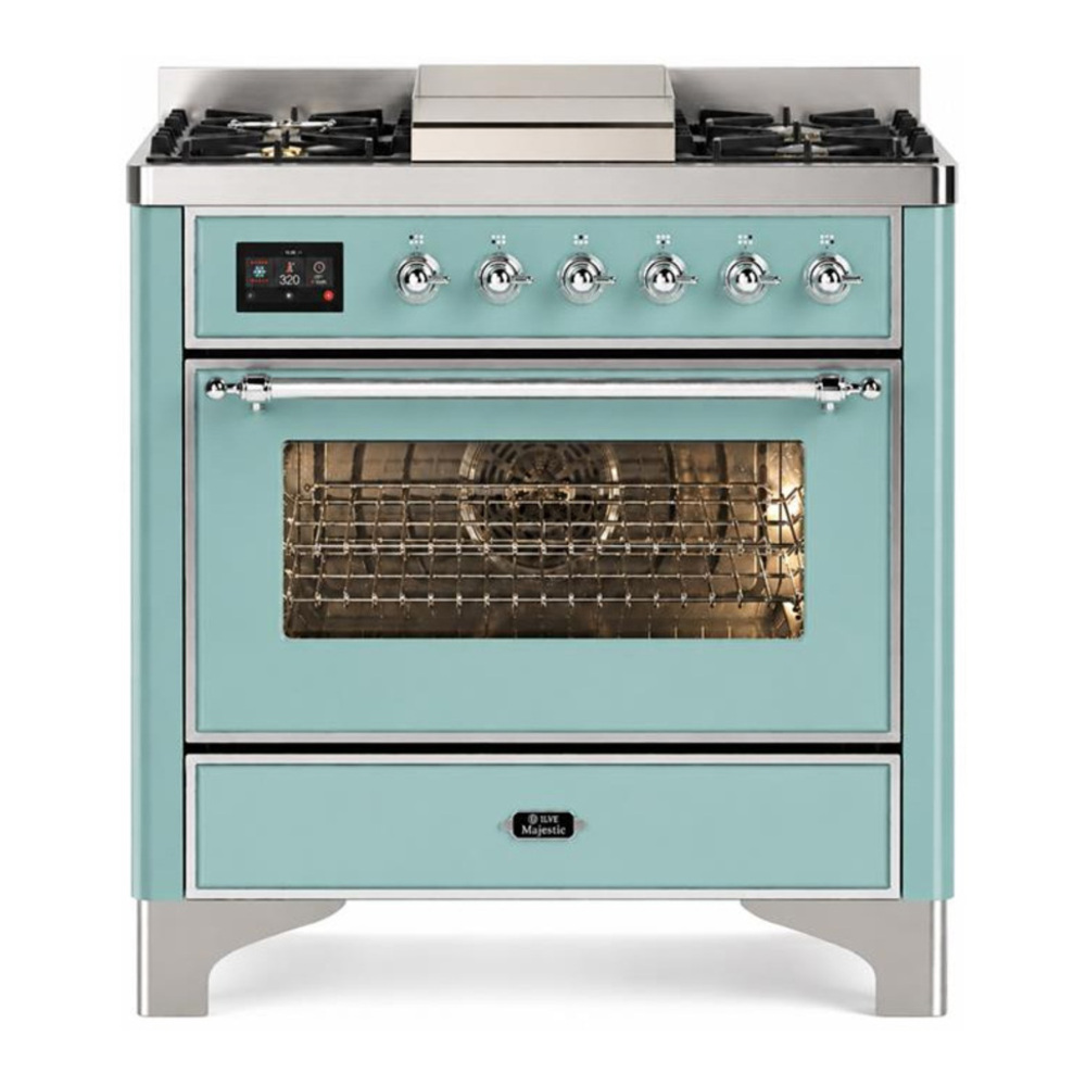 ILVE UM36FNR3MMC Majestic III 36 inch Dual Fuel Range with 6 Black Brass Burners and Griddle, Dual Function Burner up to 25,000 BTU (Triple Glass, Mediterranean Mint, Chrome, Natural Gas) 1 UM36FNR3MMC