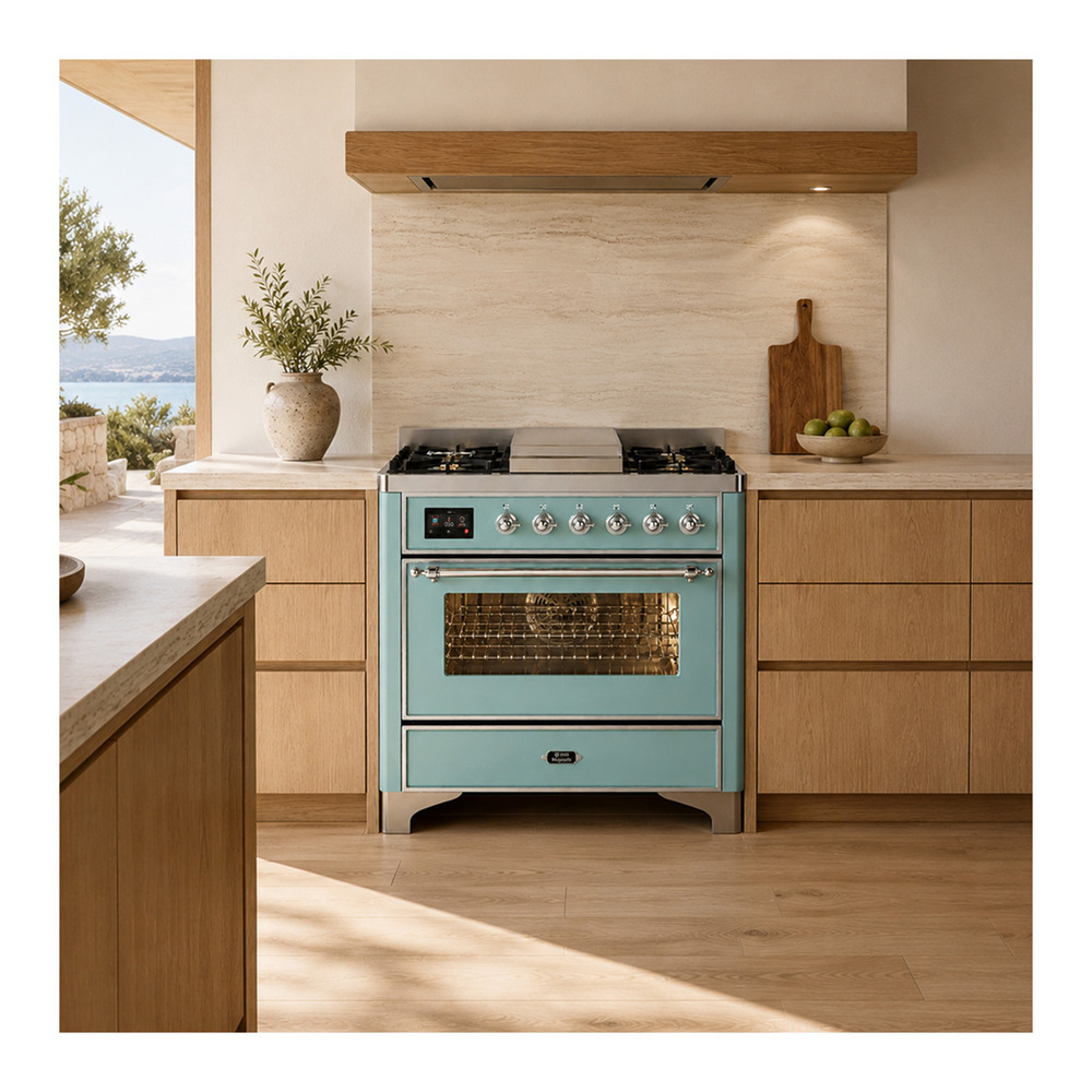 ILVE UM36FNR3MMC Majestic III 36 inch Dual Fuel Range with 6 Black Brass Burners and Griddle, Dual Function Burner up to 25,000 BTU (Triple Glass, Mediterranean Mint, Chrome, Natural Gas) 5 ILVE UM36FNR3MMC lifestyle