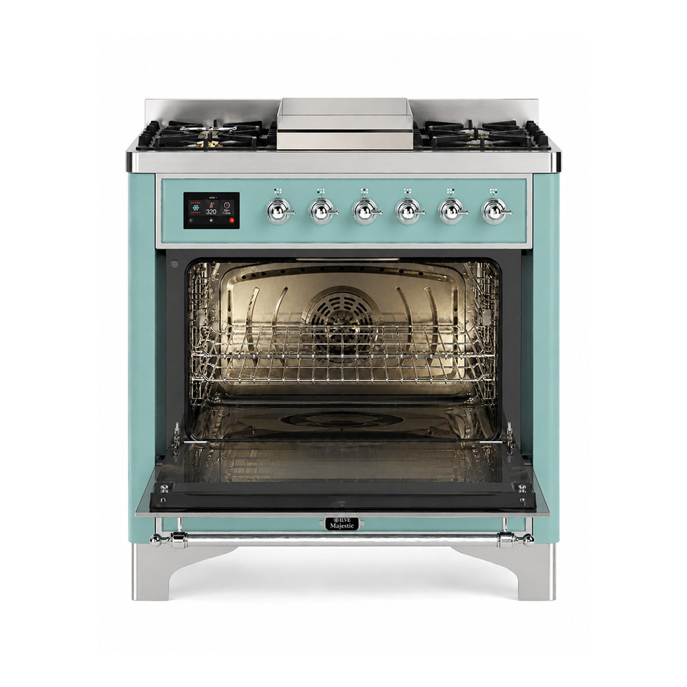 ILVE UM36FNR3MMC Majestic III 36 inch Dual Fuel Range with 6 Black Brass Burners and Griddle, Dual Function Burner up to 25,000 BTU (Triple Glass, Mediterranean Mint, Chrome, Natural Gas) 6 ILVE UM36FNR3MMC door opened