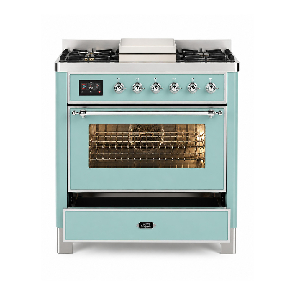 ILVE UM36FNR3MMC Majestic III 36 inch Dual Fuel Range with 6 Black Brass Burners and Griddle, Dual Function Burner up to 25,000 BTU (Triple Glass, Mediterranean Mint, Chrome, Natural Gas) 7 ILVE UM36FNR3MMC drawer opened