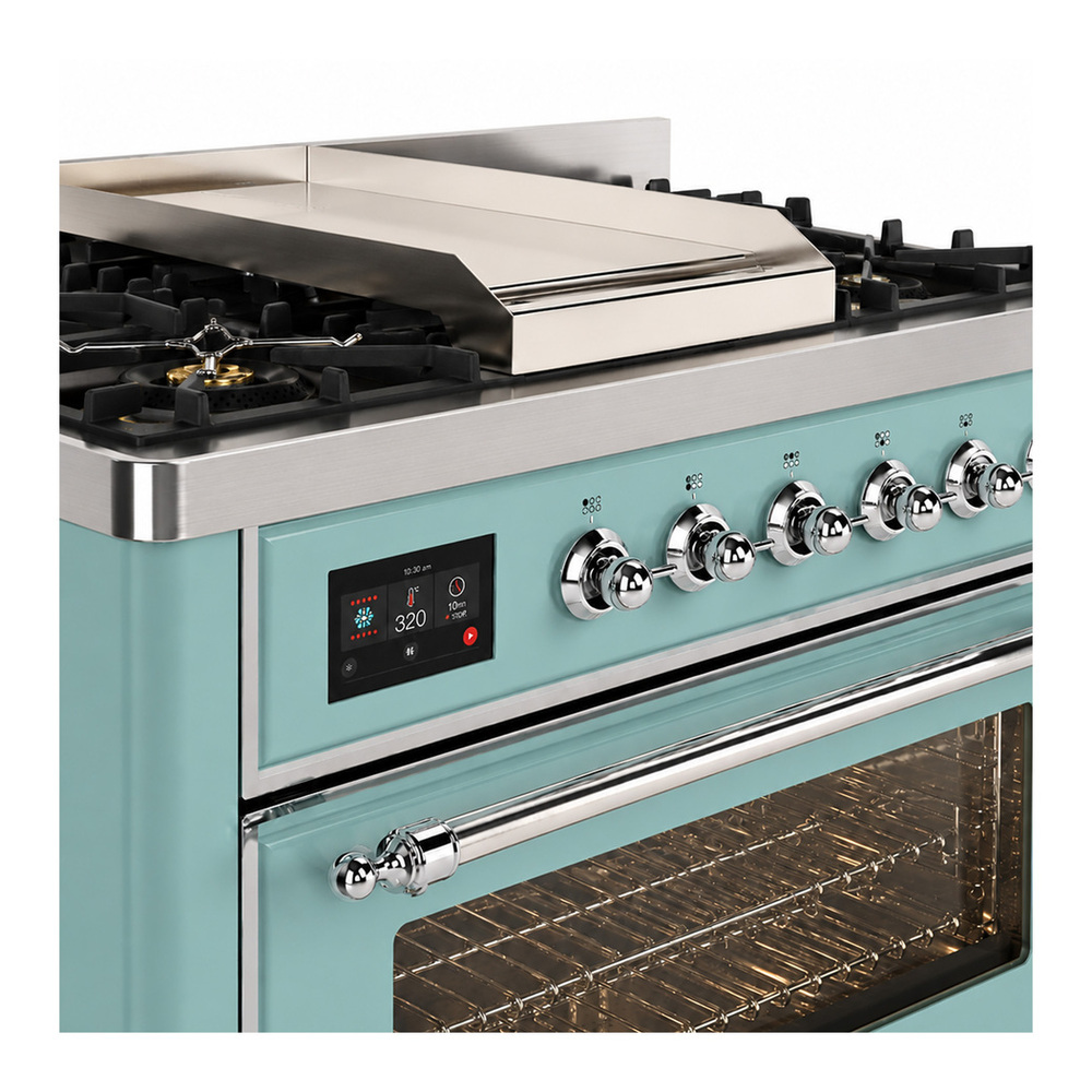 ILVE UM36FNR3MMC Majestic III 36 inch Dual Fuel Range with 6 Black Brass Burners and Griddle, Dual Function Burner up to 25,000 BTU (Triple Glass, Mediterranean Mint, Chrome, Natural Gas) 8 ILVE UM36FNR3MMC close up details