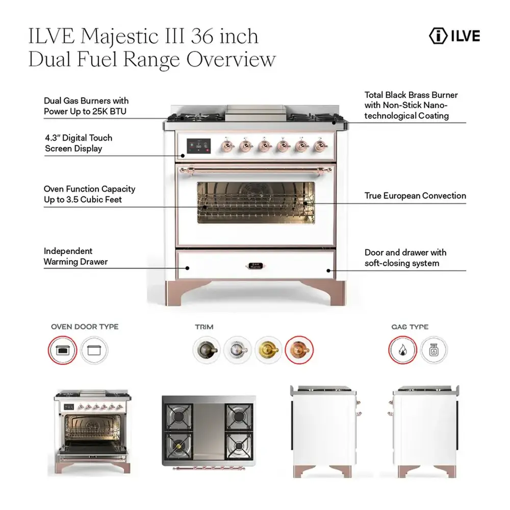 ILVE UM36FNR3MMC Majestic III 36 inch Dual Fuel Range with 6 Black Brass Burners and Griddle, Dual Function Burner up to 25,000 BTU (Triple Glass, Mediterranean Mint, Chrome, Natural Gas) 2 ILVE UM36FNR3MMC infographic