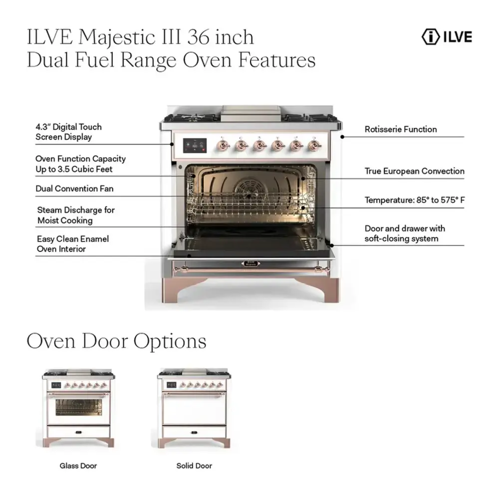 ILVE UM36FNR3MMC Majestic III 36 inch Dual Fuel Range with 6 Black Brass Burners and Griddle, Dual Function Burner up to 25,000 BTU (Triple Glass, Mediterranean Mint, Chrome, Natural Gas) 3 ILVE UM36FNR3MMC infographic