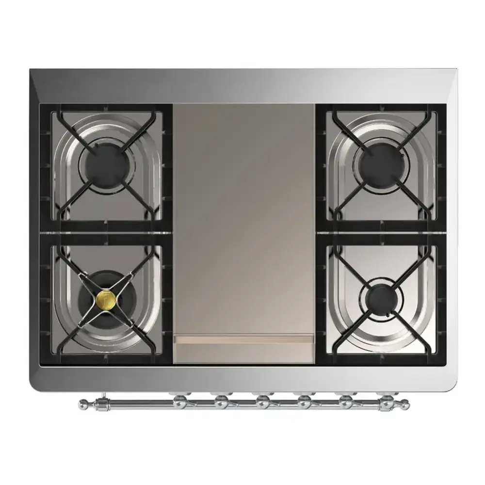 ILVE UM36FNR3MMC Majestic III 36 inch Dual Fuel Range with 6 Black Brass Burners and Griddle, Dual Function Burner up to 25,000 BTU (Triple Glass, Mediterranean Mint, Chrome, Natural Gas) 9 ILVE UM36FNR3MMC cooktop