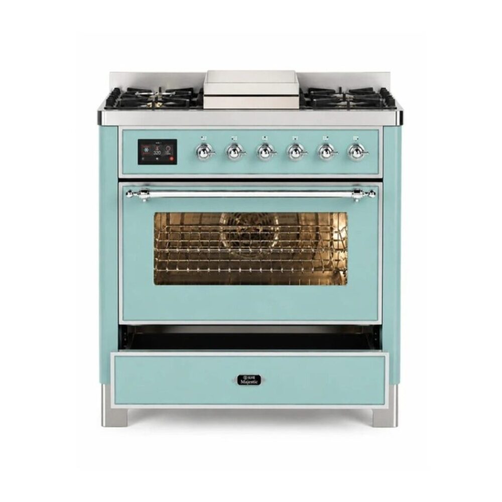 ILVE UM36F Majestic III 36 inch Dual Fuel Range with 6 Black Brass Burners and Griddle, Dual Function Burner up to 25,000 BTU