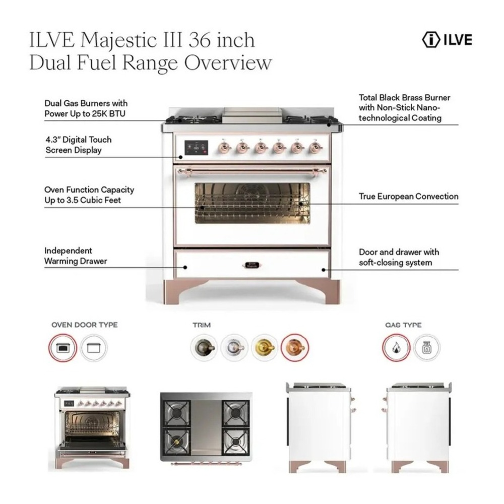 ILVE UM36FNR3MMG Majestic III 36 inch Dual Fuel Range with 6 Black Brass Burners and Griddle, Dual Function Burner up to 25,000 BTU (Triple Glass Door, Mediterranean Mint, Brass, Natural Gas) 2 ILVE UM36F Majestic III 36 inch Dual Fuel Range with 6 Black Brass Burners and Griddle, Dual Function Burner up to 25,000 BTU