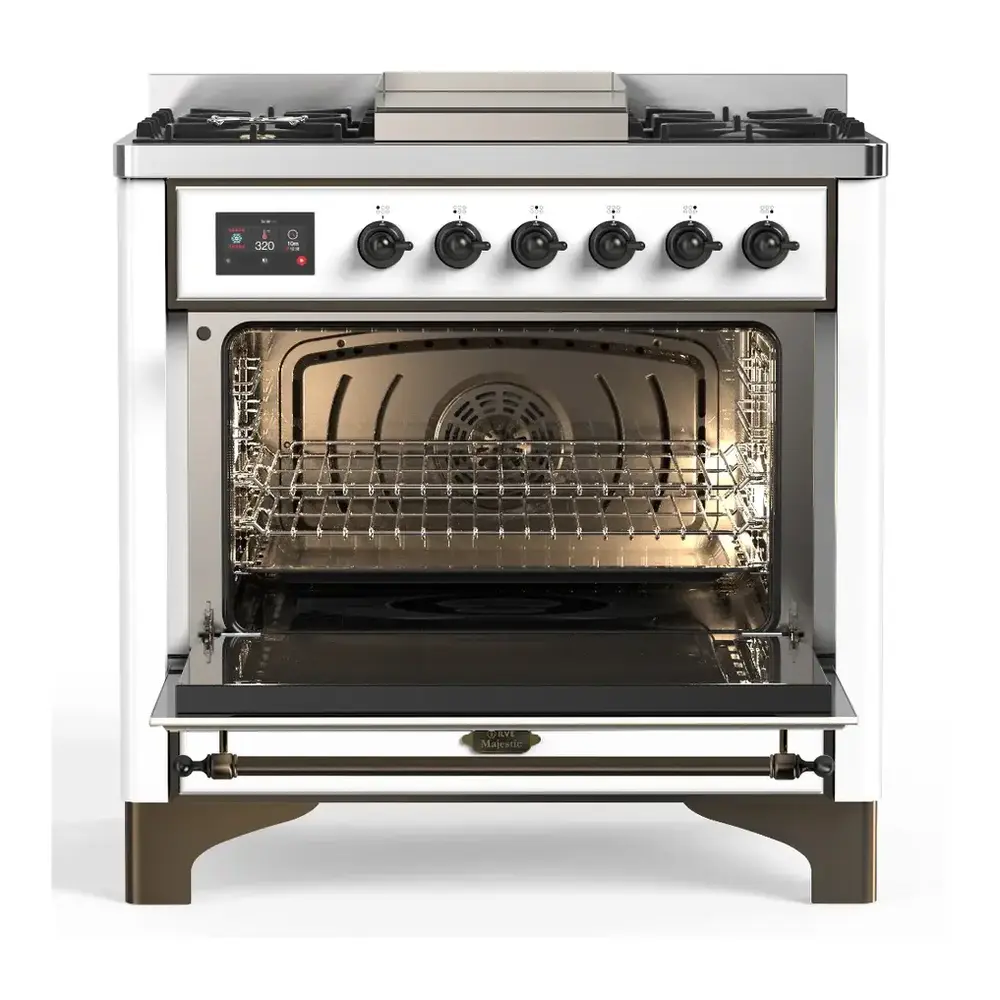 ILVE UM36FNR3RABLP Majestic III 36 inch Dual Fuel Range with 6 Black Brass Burners and Griddle, Dual Function Burner up to 25,000 BTU (Triple Glass Door, RAL, Burnished, Liquid Propane) 5 ILVE UM36FNR3RABLP door opened