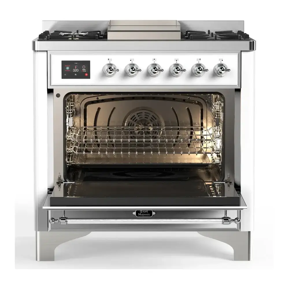 ILVE UM36FNR3RAC Majestic III 36 inch Dual Fuel Range with 6 Black Brass Burners and Griddle, Dual Function Burner up to 25,000 BTU (Triple Glass Door, RAL, Chrome, Natural Gas) 9 ILVE UM36FNR3RAC door opened