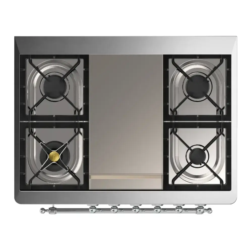 ILVE UM36FNR3RAC Majestic III 36 inch Dual Fuel Range with 6 Black Brass Burners and Griddle, Dual Function Burner up to 25,000 BTU (Triple Glass Door, RAL, Chrome, Natural Gas) 10 ILVE UM36FNR3RAC cooktop