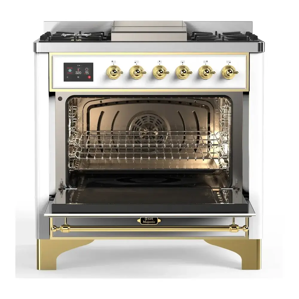 ILVE UM36FNR3RAGLP Majestic III 36 inch Dual Fuel Range with 6 Black Brass Burners and Griddle, Dual Function Burner up to 25,000 BTU (Triple Glass Door, RAL, Brass, Liquid Propane) 9 ILVE UM36FNR3RAGLP door opened