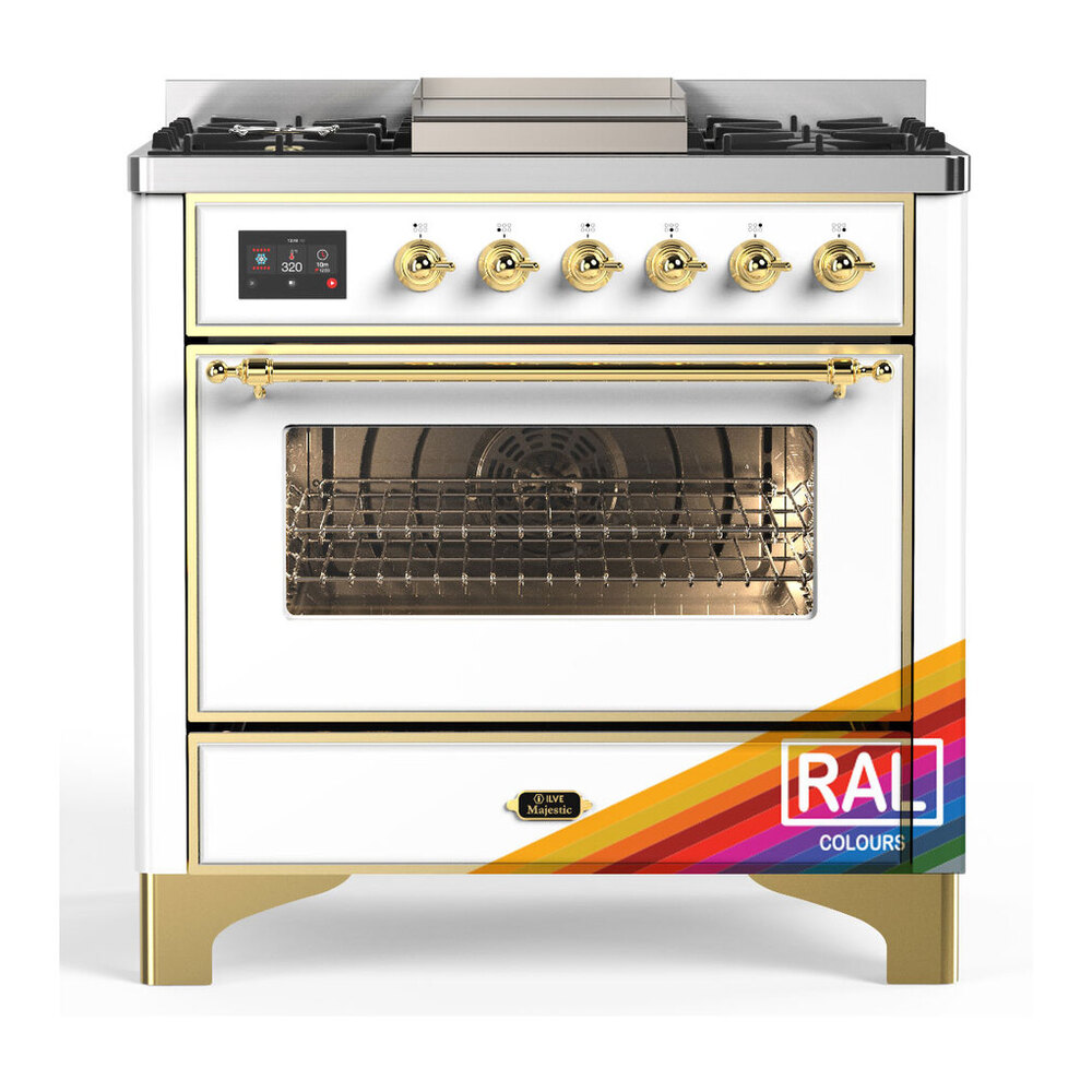 ILVE UM36FNR3RAG Majestic III 36 inch Dual Fuel Range with 6 Black Brass Burners and Griddle, Dual Function Burner up to 25,000 BTU (Triple Glass Door, RAL, Brass, Natural Gas) 1 UM36FNR3RAG