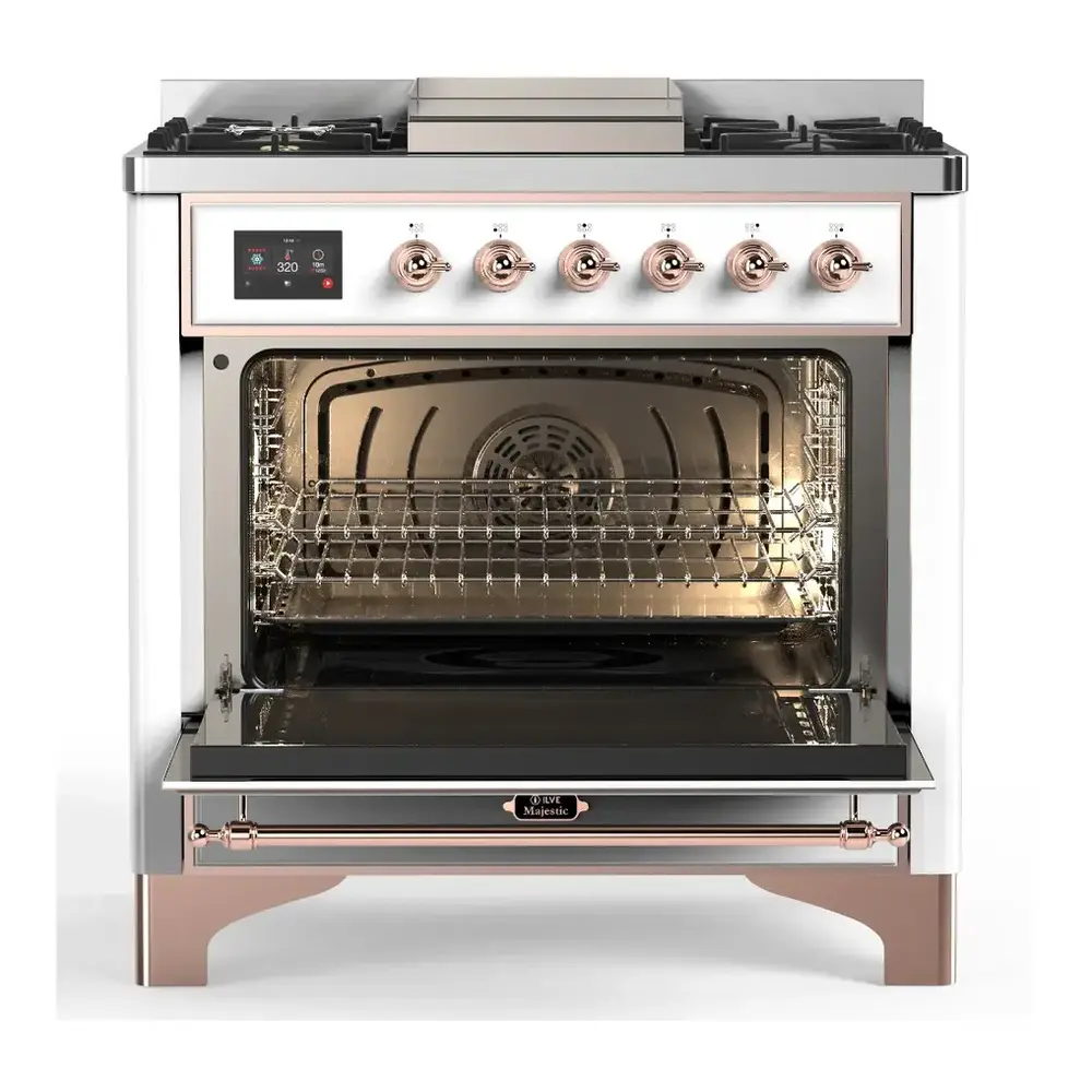 ILVE UM36FNR3RAP Majestic III 36 inch Dual Fuel Range with 6 Black Brass Burners and Griddle, Dual Function Burner up to 25,000 BTU (Triple Glass Door, RAL, Copper, Natural Gas) 9 ILVE UM36FNR3RAP door opened