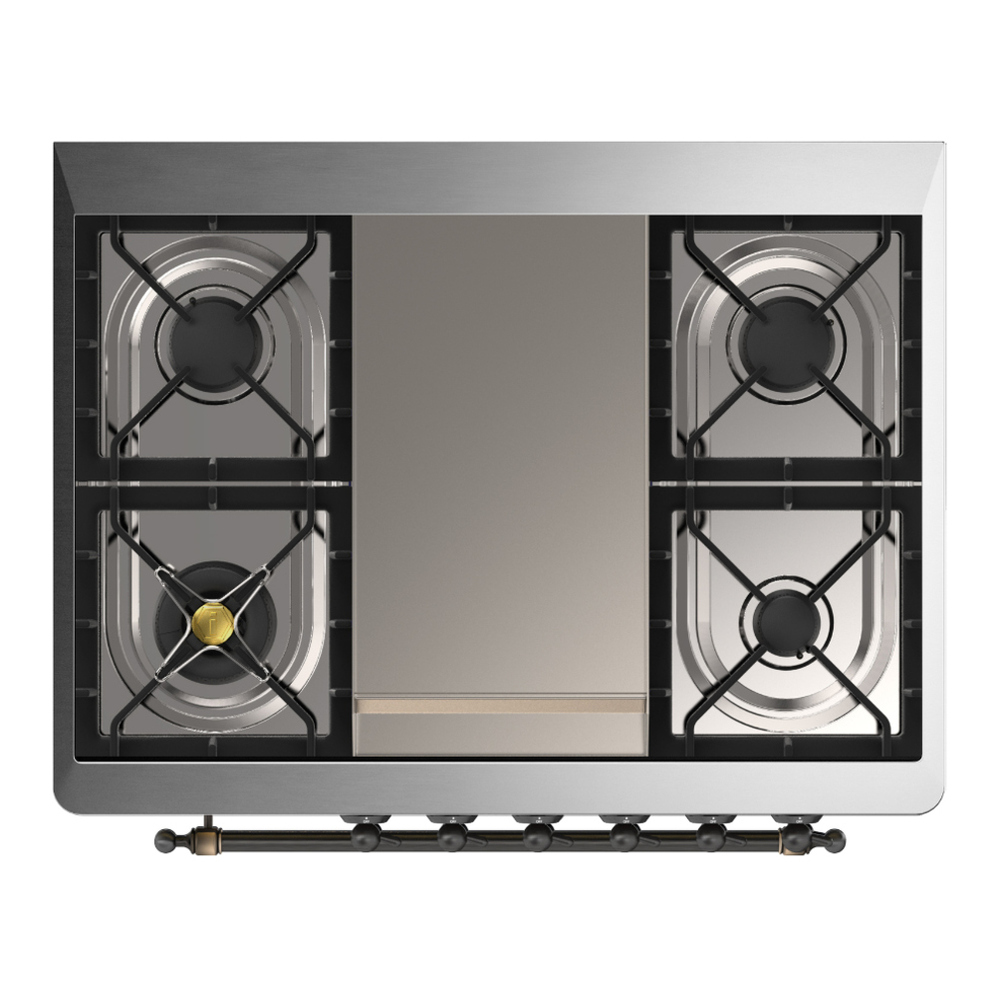 ILVE UM36FNR3SSBLP Majestic III 36 inch Dual Fuel Range with 6 Black Brass Burners and Griddle, Dual Function Burner up to 25,000 BTU (Triple Glass Door, Stainless Steel, Burnished, Liquid Propane) 4 ILVE-UM36FNR3SSBLP-Top View