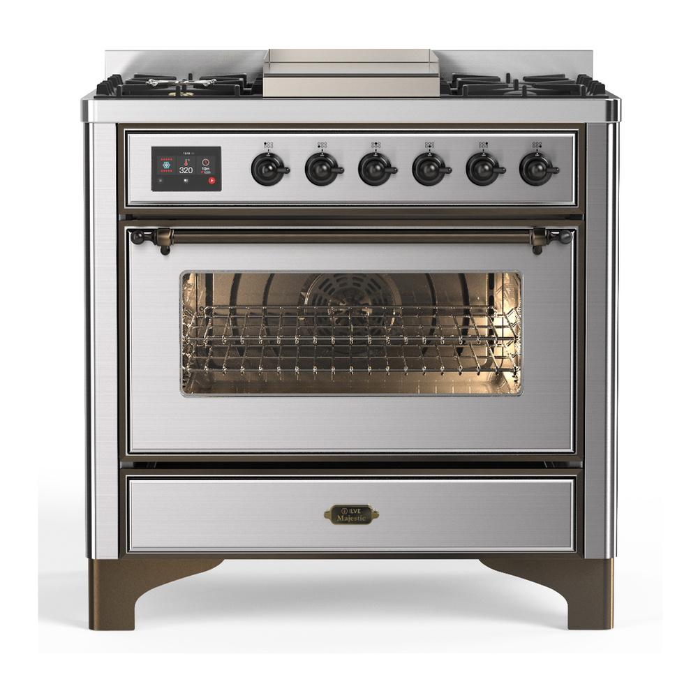 ILVE UM36FNR3SSB Majestic III 36 inch Dual Fuel Range with 6 Black Brass Burners and Griddle, Dual Function Burner up to 25,000 BTU (Triple Glass Door, Stainless Steel, Burnished, Natural Gas) 1 UM36FNR3SSB