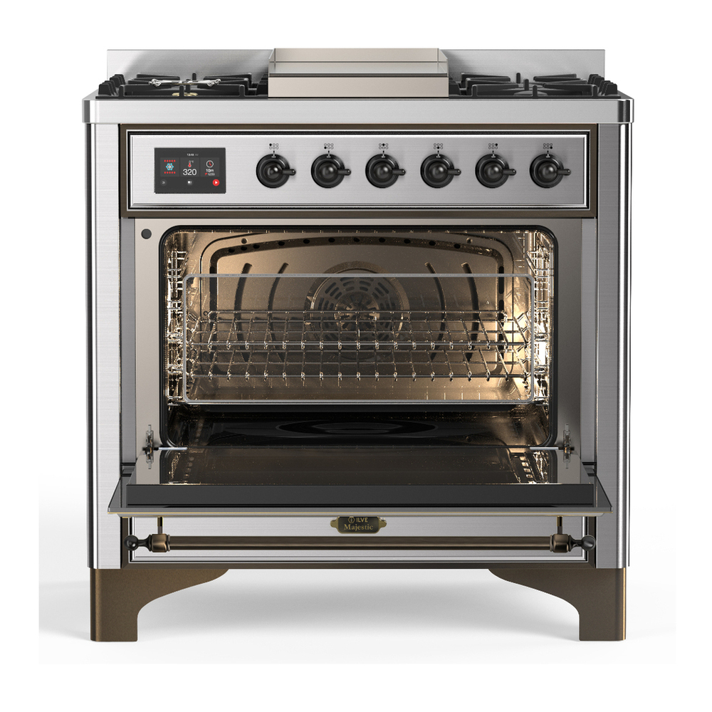 ILVE UM36FNR3SSB Majestic III 36 inch Dual Fuel Range with 6 Black Brass Burners and Griddle, Dual Function Burner up to 25,000 BTU (Triple Glass Door, Stainless Steel, Burnished, Natural Gas) 6 ILVE-UM36FNR3SSB-Open Door View