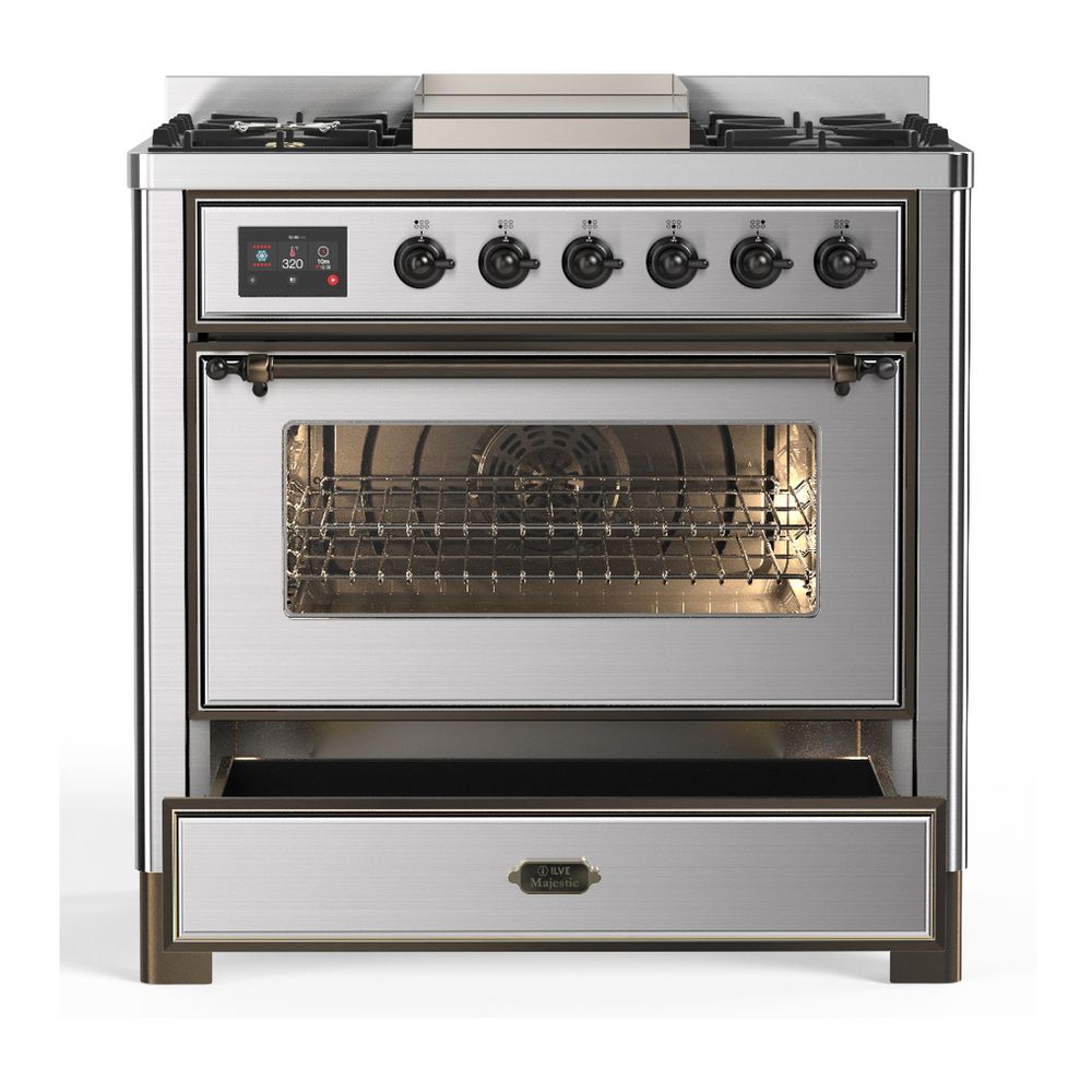 ILVE UM36FNR3SSB Majestic III 36 inch Dual Fuel Range with 6 Black Brass Burners and Griddle, Dual Function Burner up to 25,000 BTU (Triple Glass Door, Stainless Steel, Burnished, Natural Gas) 7 ILVE-UM36FNR3SSB-Drawer Open View