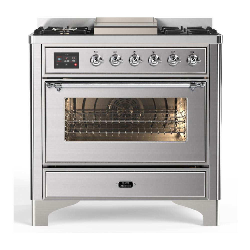 ILVE UM36FNR3SSCLP Majestic III 36 inch Dual Fuel Range with 6 Black Brass Burners and Griddle, Dual Function Burner up to 25,000 BTU (Triple Glass Door, Stainless Steel, Chrome, Liquid Propane) 1 UM36FNR3SSCLP