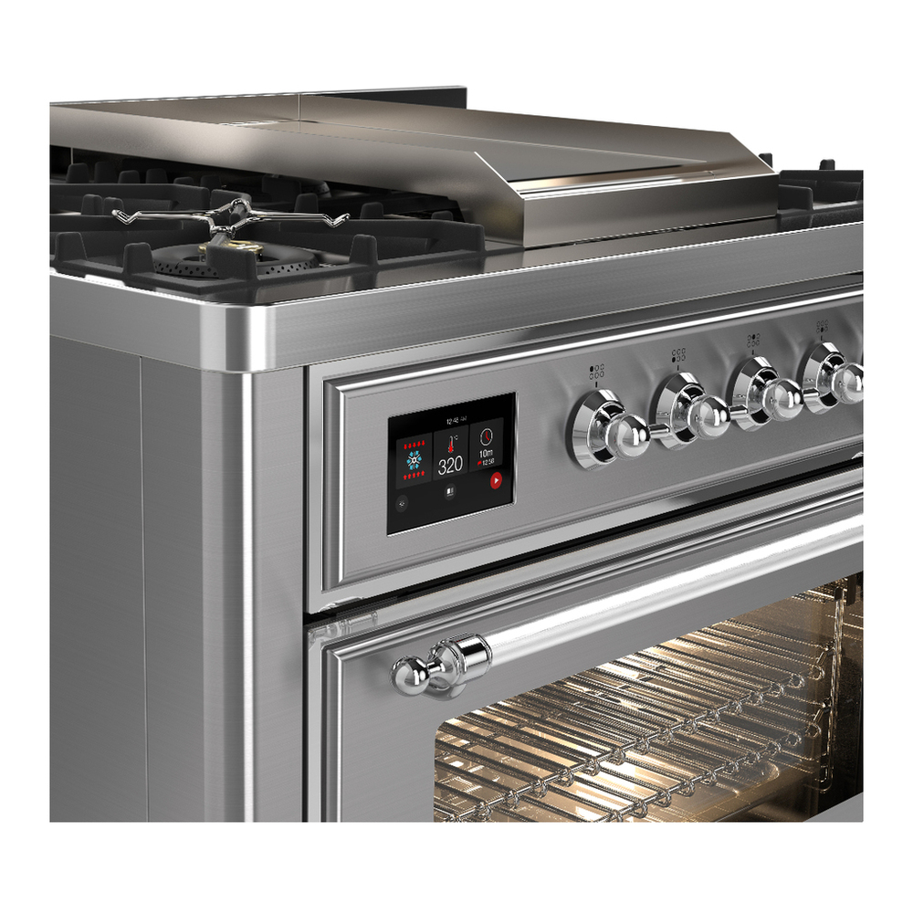 ILVE UM36FNR3SSCLP Majestic III 36 inch Dual Fuel Range with 6 Black Brass Burners and Griddle, Dual Function Burner up to 25,000 BTU (Triple Glass Door, Stainless Steel, Chrome, Liquid Propane) 5 ILVE-UM36FNR3SSCLP-Control Knobs View